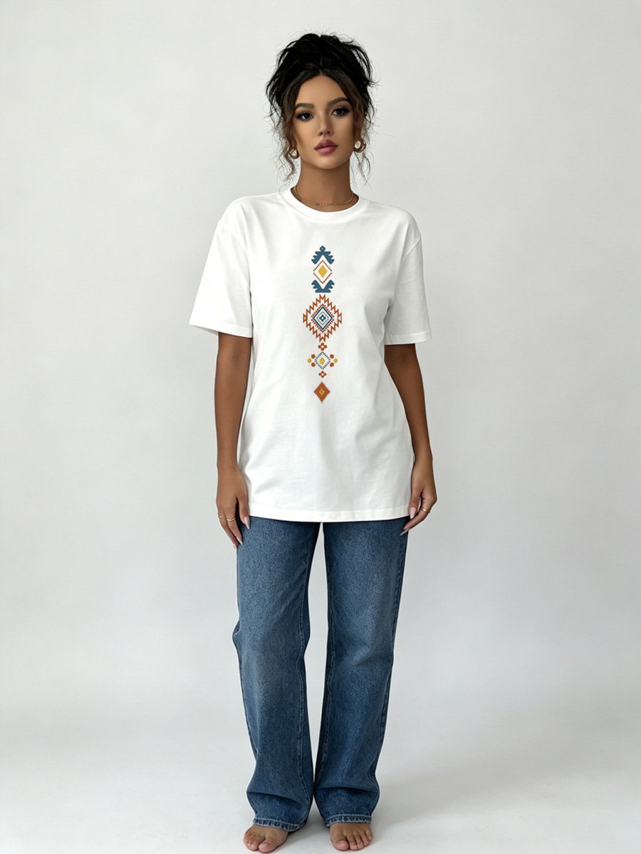 White Knitted T-Shirt with Aztec Print