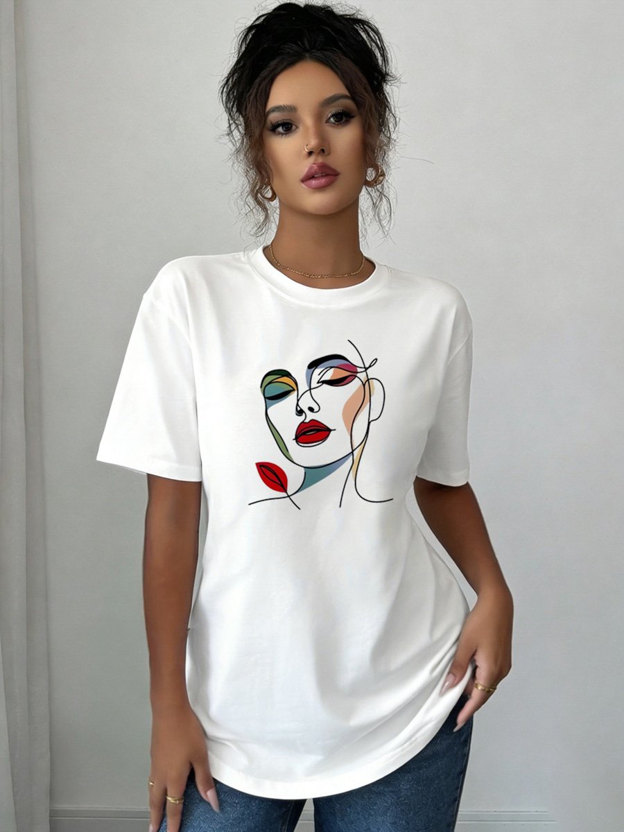 Abstract Face White Knitted T-Shirt