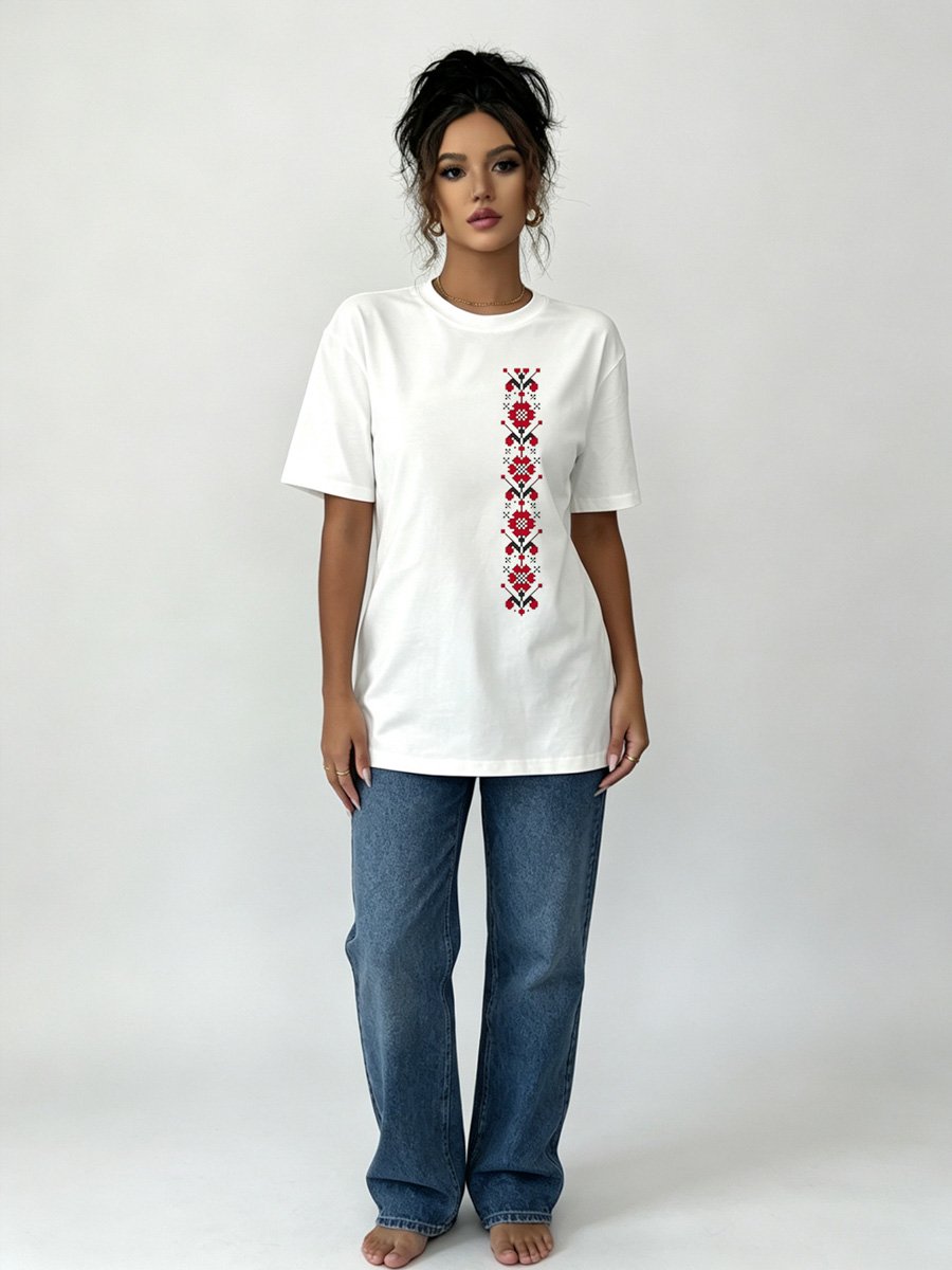 White Knitted T-Shirt with Embroidery
