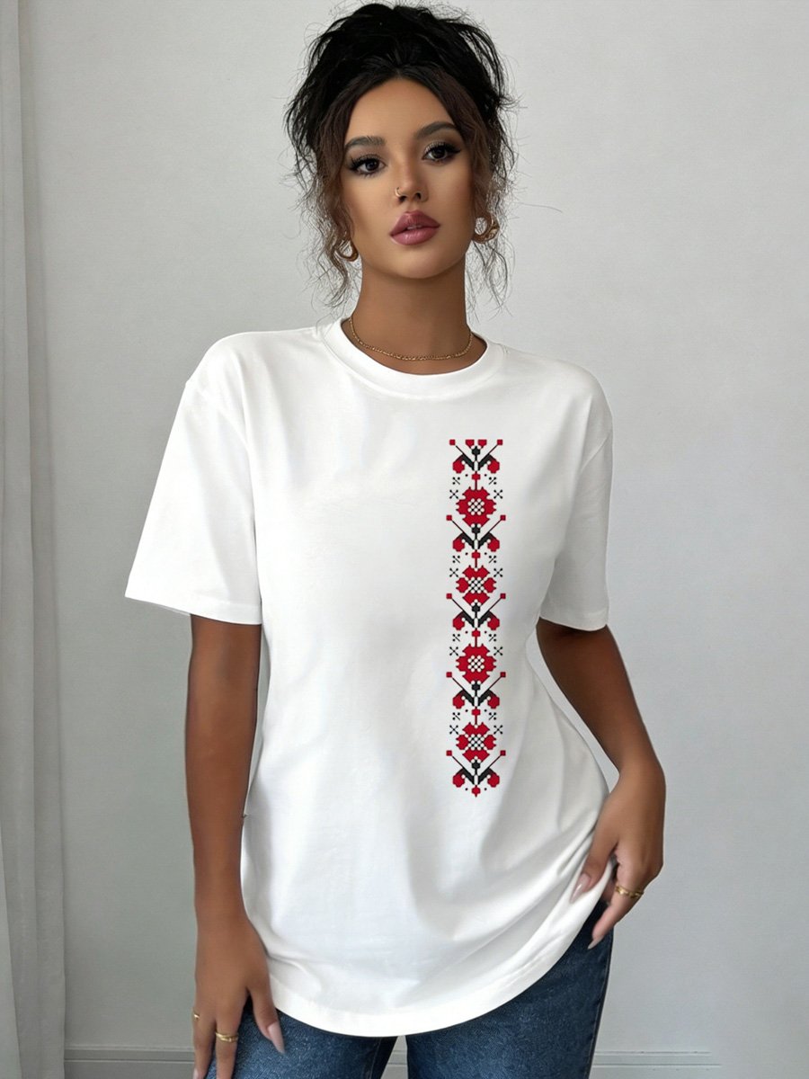 White Knitted T-Shirt with Embroidery