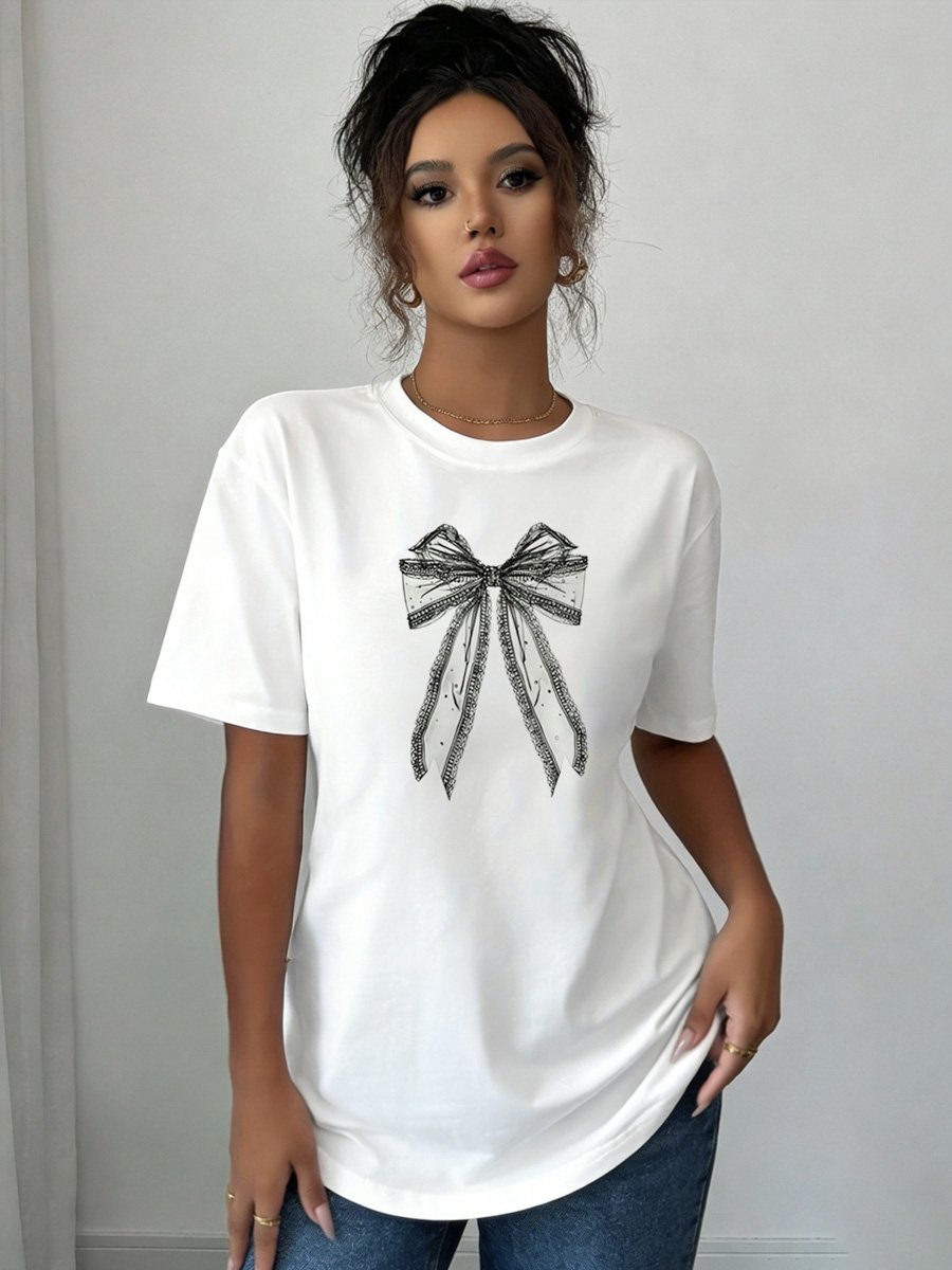 White Knitted Bow Graphic T-Shirt