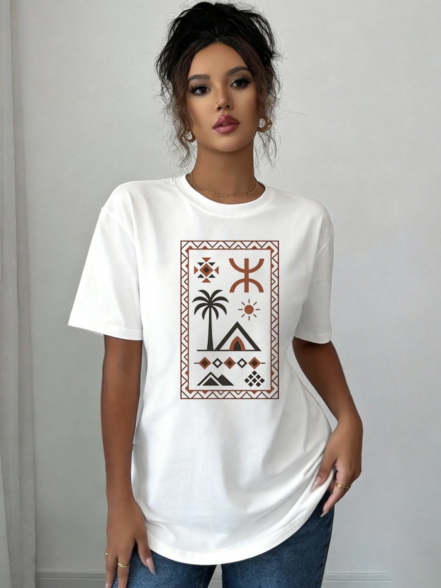 White Knitted T-Shirt with Berber Inspired Desert Motif