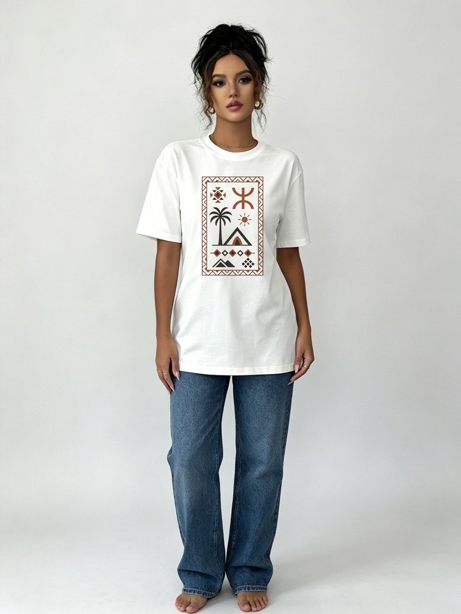 White Knitted T-Shirt with Berber Inspired Desert Motif