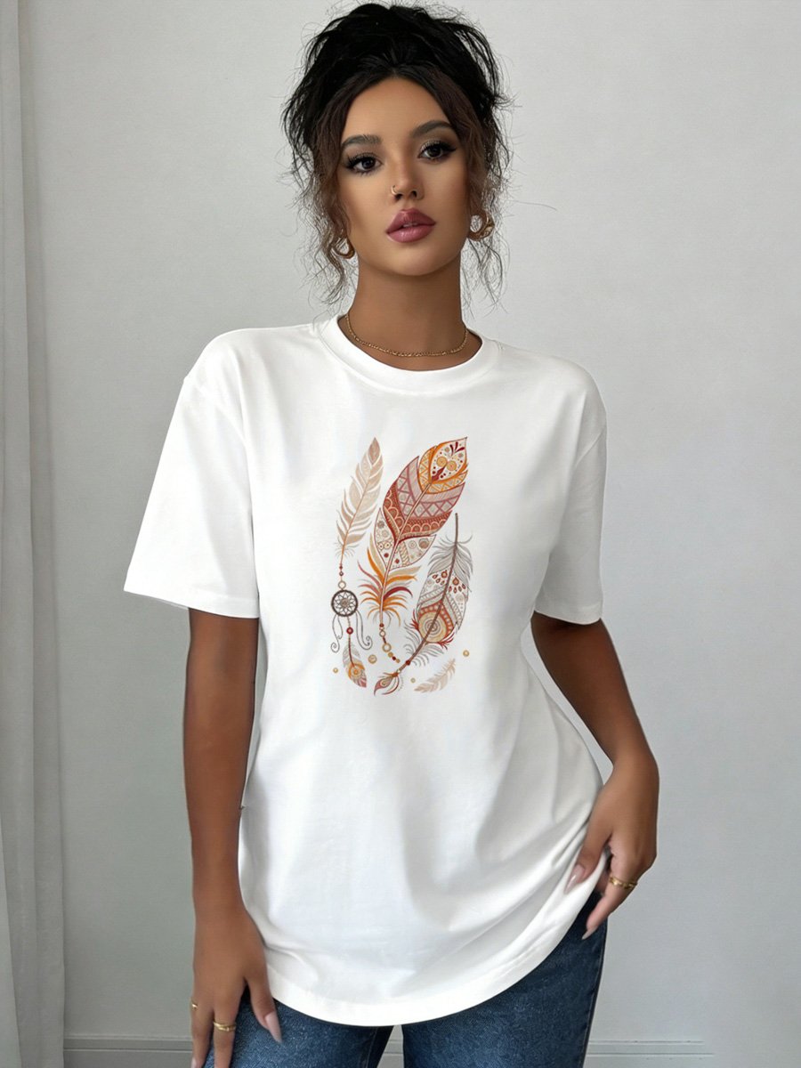 White Knitted Feather and Dreamcatcher Print T-Shirt