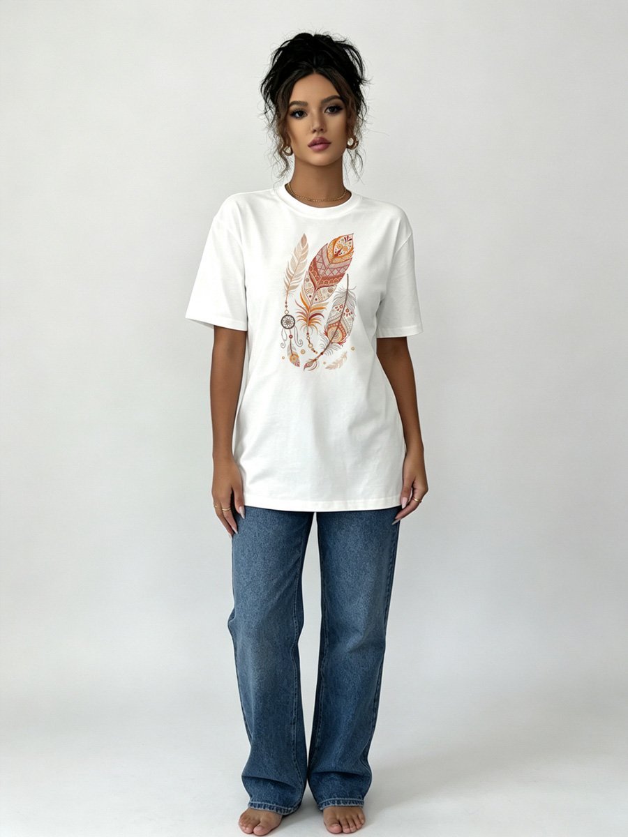 White Knitted Feather and Dreamcatcher Print T-Shirt