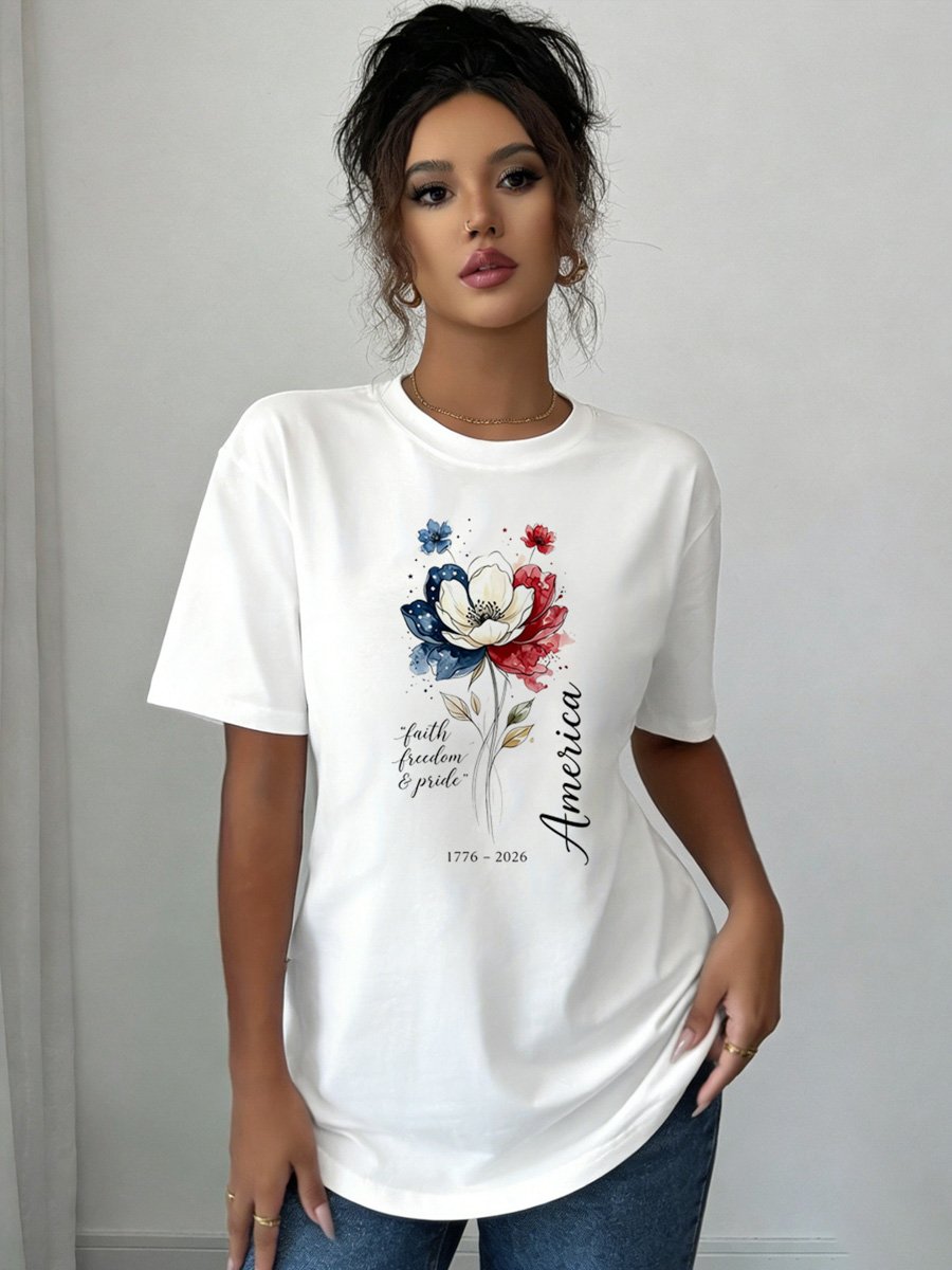 White Knitted Patriotic Floral T-Shirt