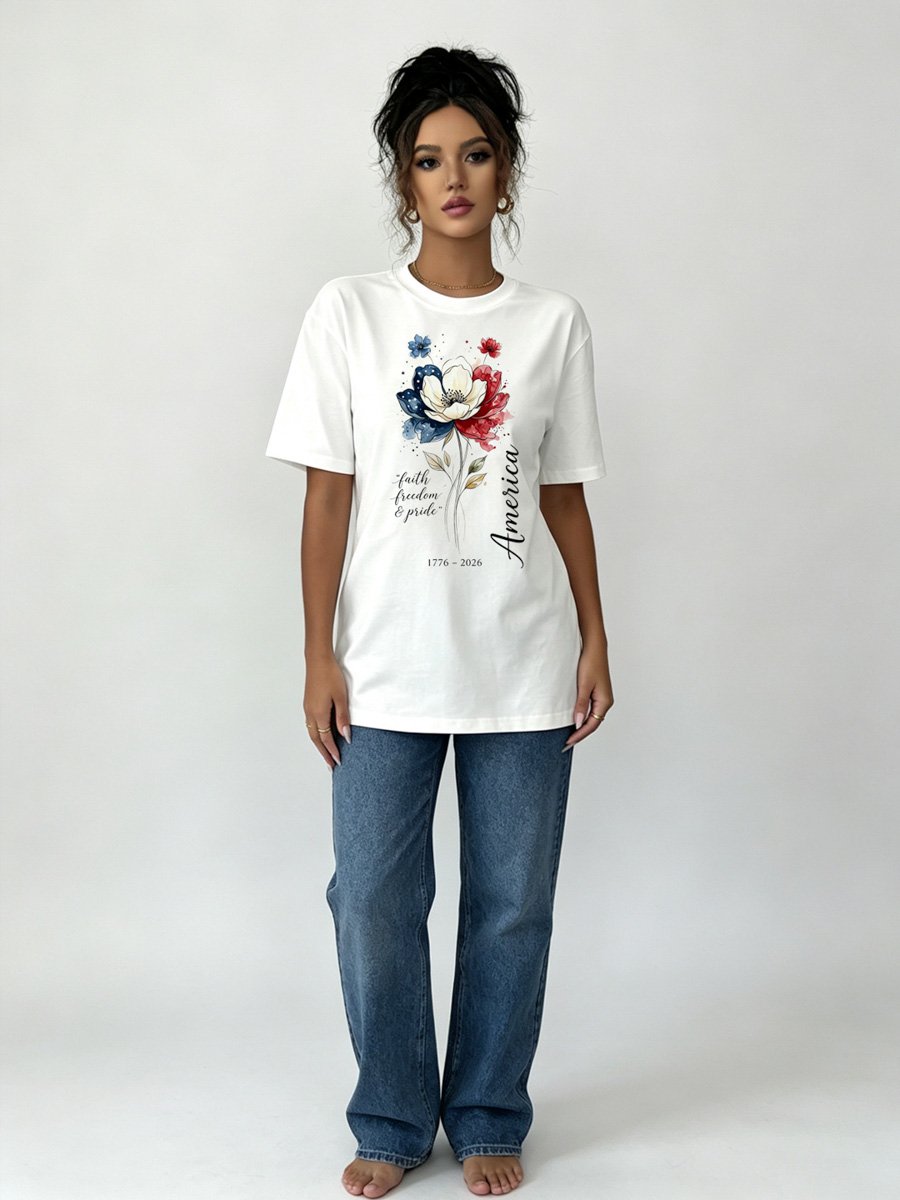 White Knitted Patriotic Floral T-Shirt