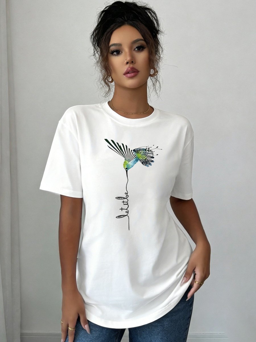 White Knitted Hummingbird Graphic T-Shirt