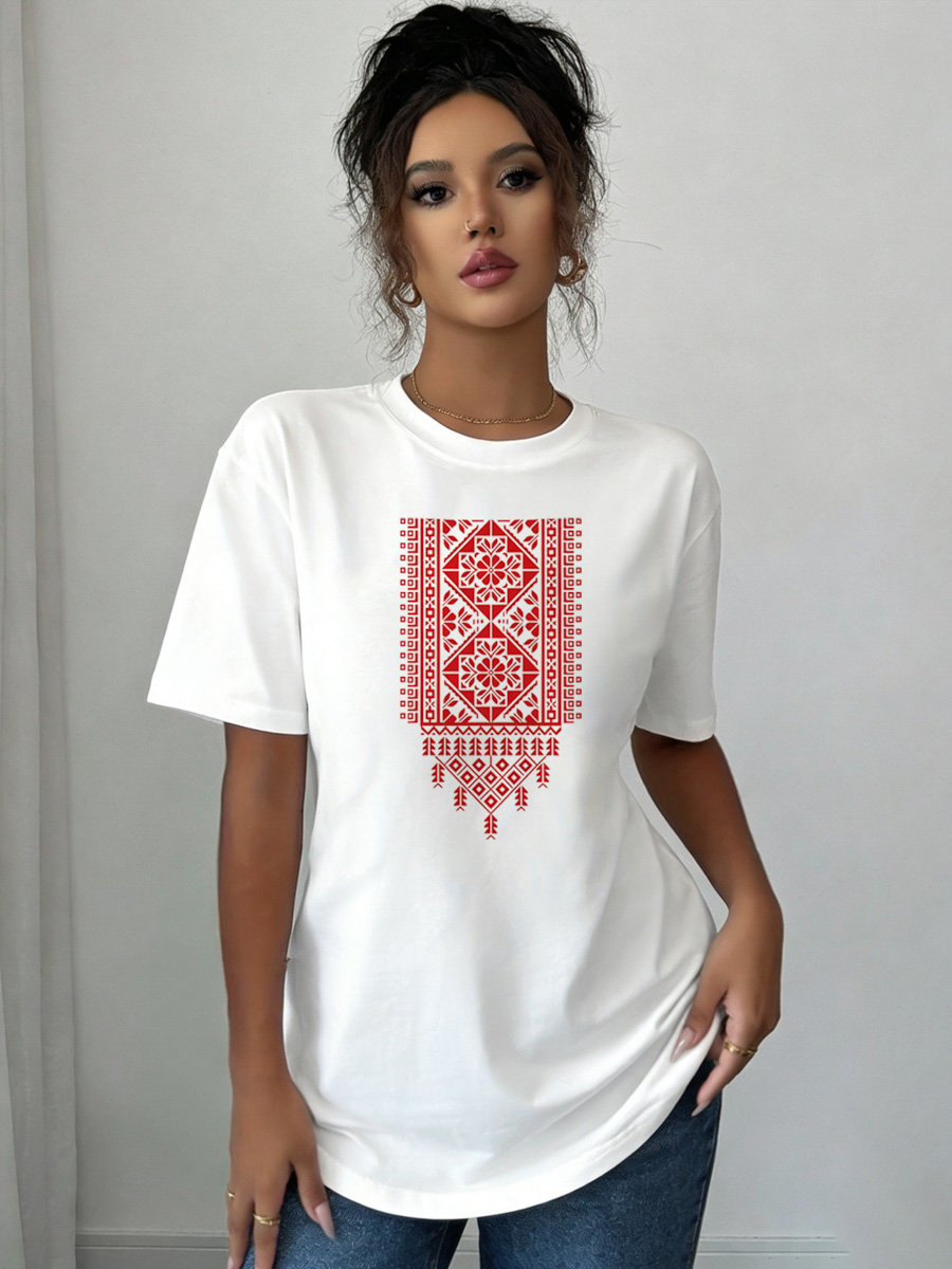 White Knitted T-Shirt with Embroidered Pattern