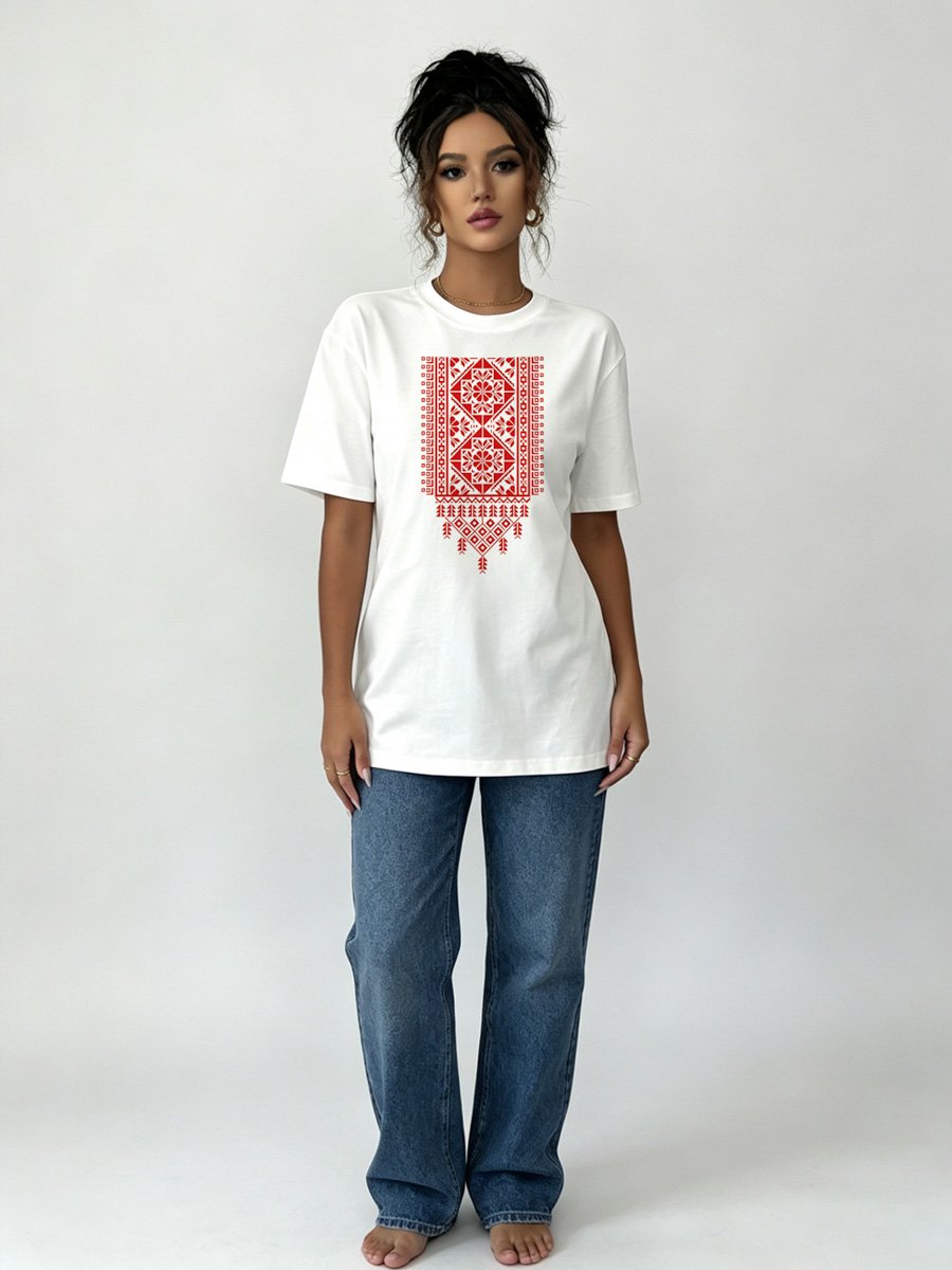 White Knitted T-Shirt with Embroidered Pattern