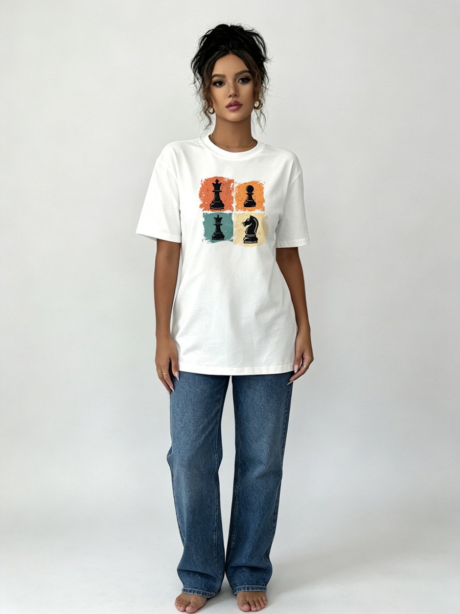 White Knitted Chess Piece Graphic T-Shirt