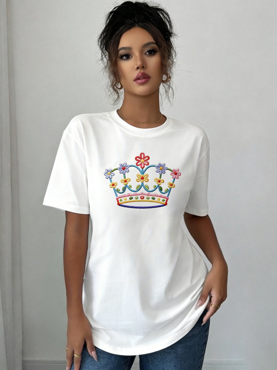 Floral Crown Embroidered White Knitted T-Shirt