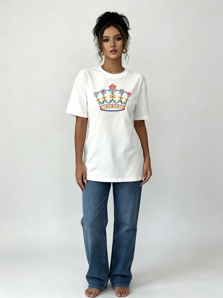 Floral Crown Embroidered White Knitted T-Shirt