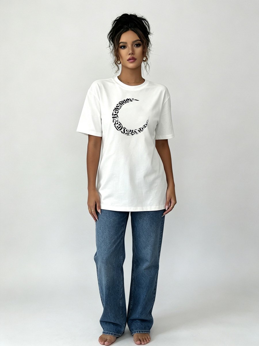 White Knitted Crescent Graphic T-Shirt