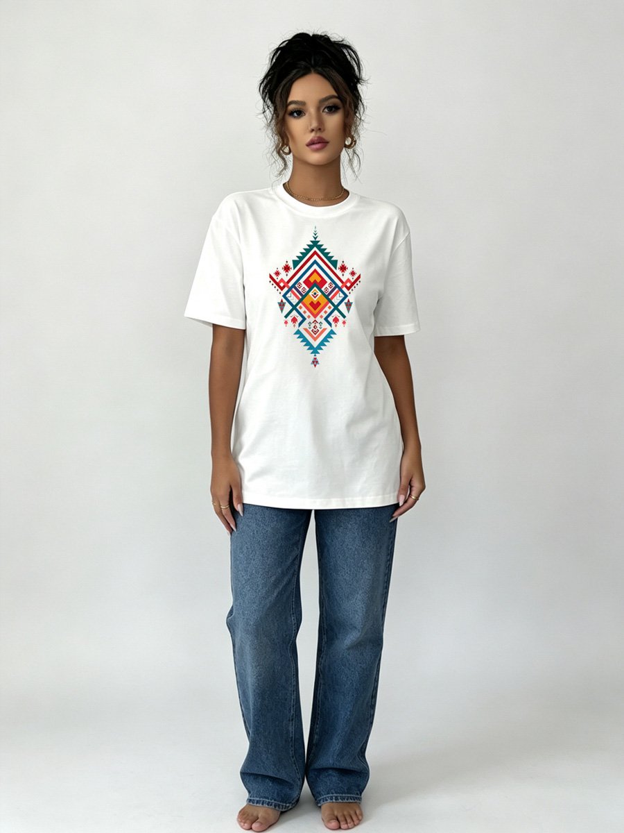 White Knitted T-Shirt with Geometric Print