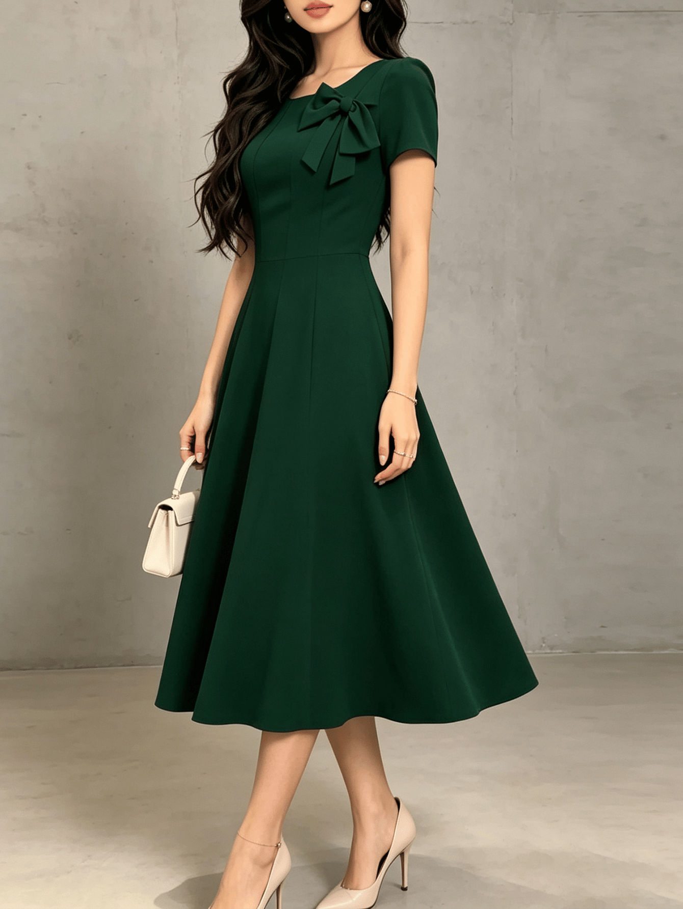 Green A-Line Midi Dress with Bow Detail