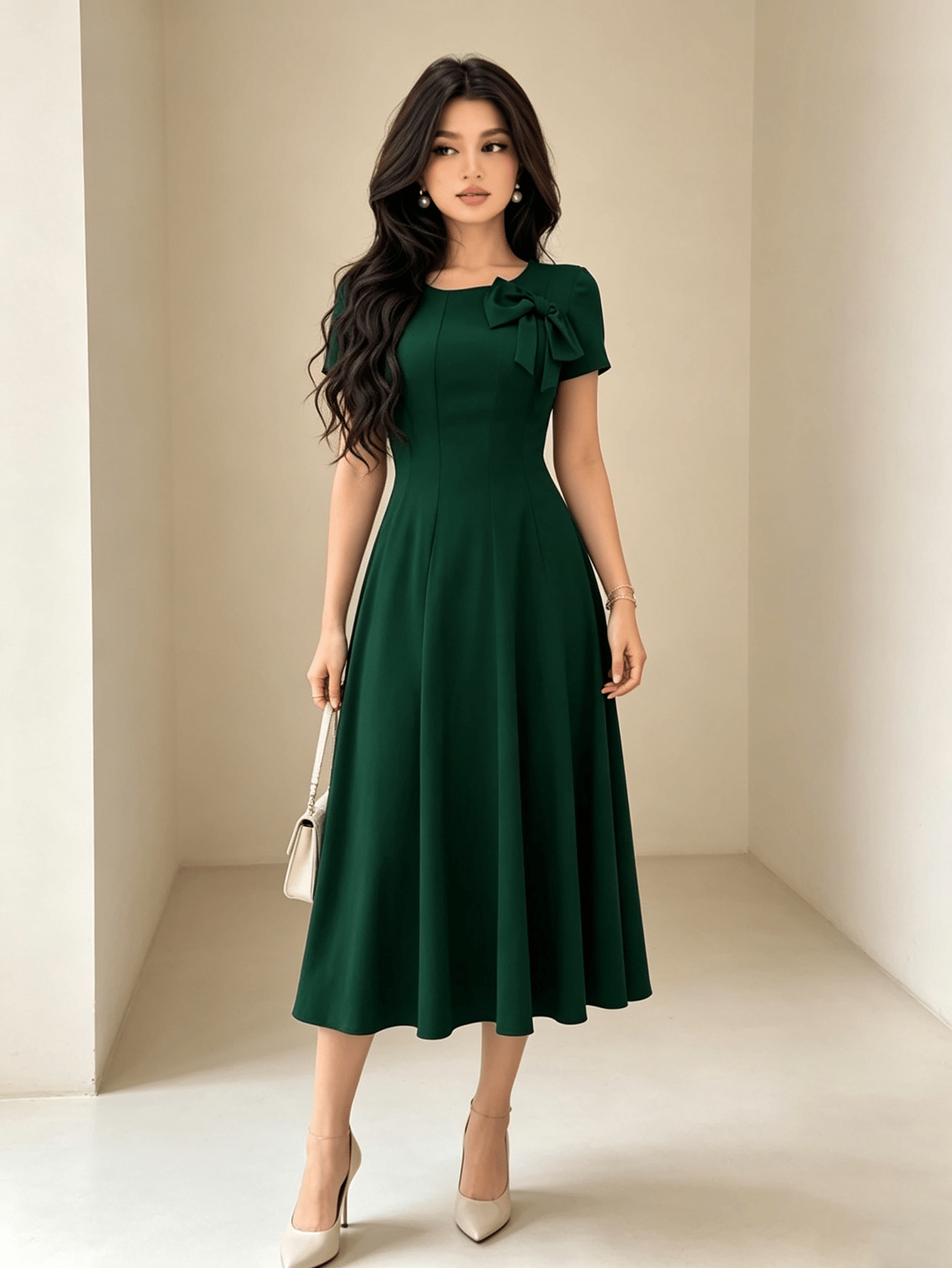 Green A-Line Midi Dress with Bow Detail