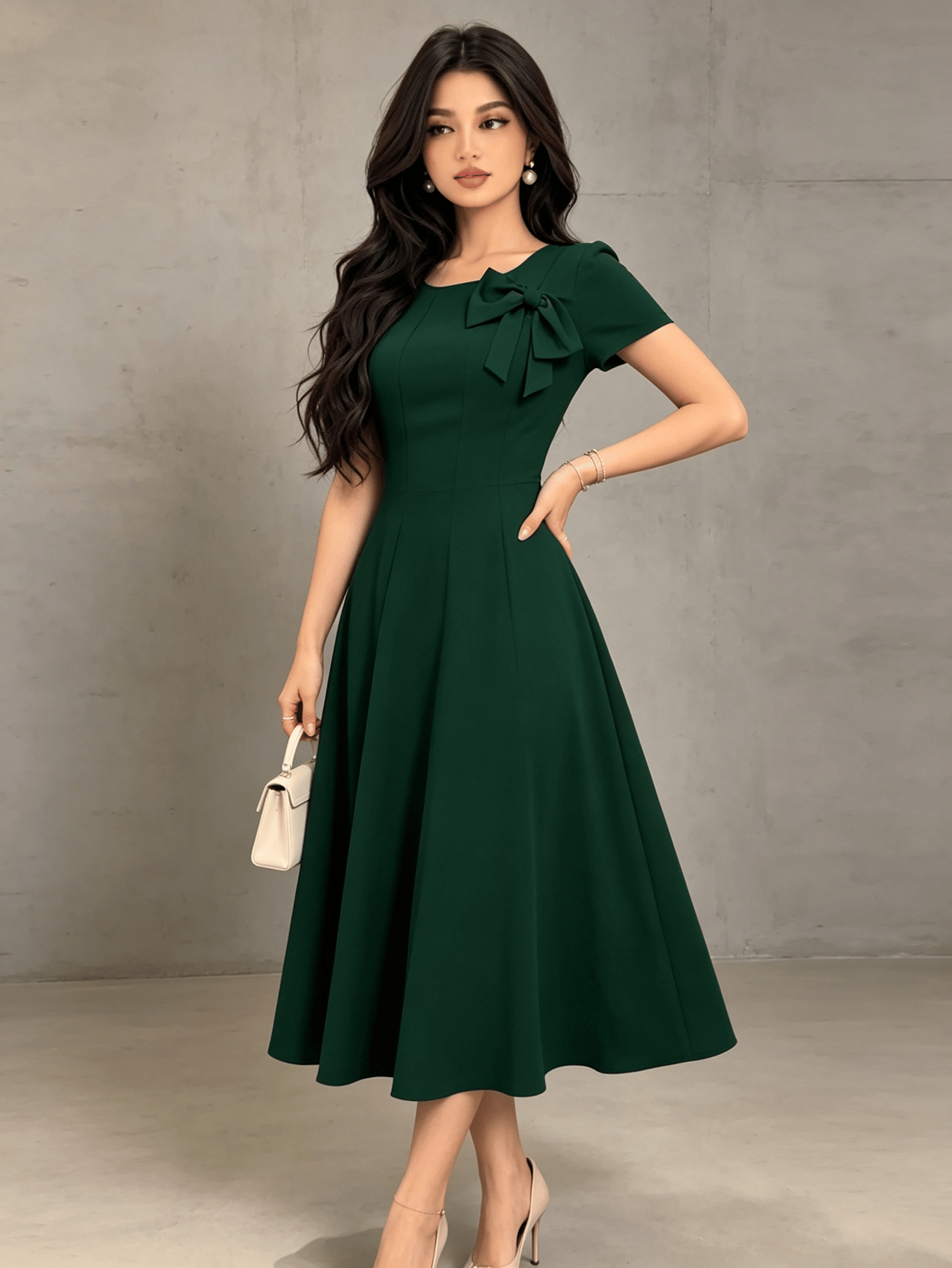 Green A-Line Midi Dress with Bow Detail