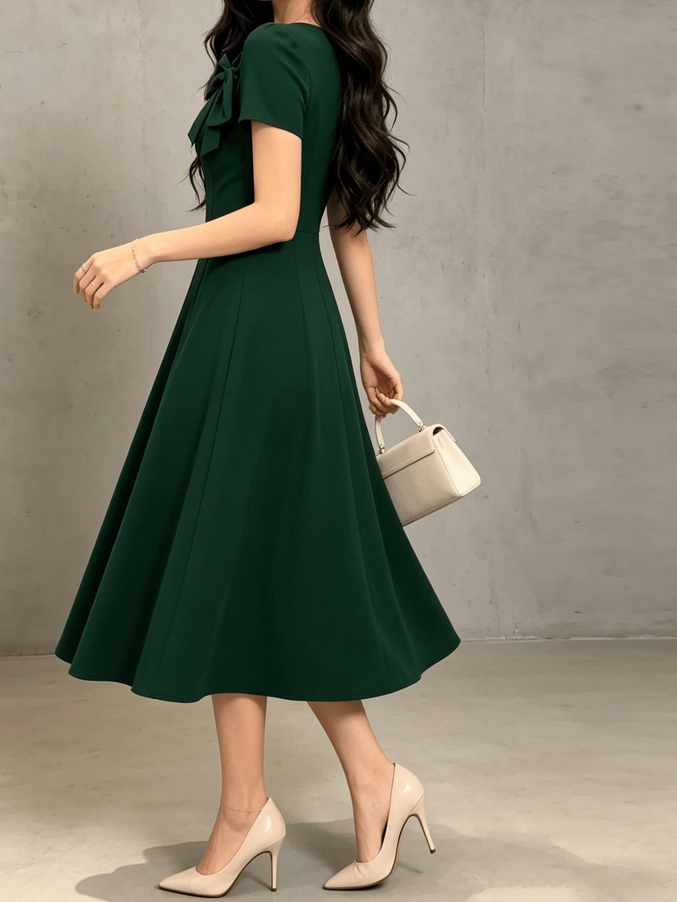 Green A-Line Midi Dress with Bow Detail