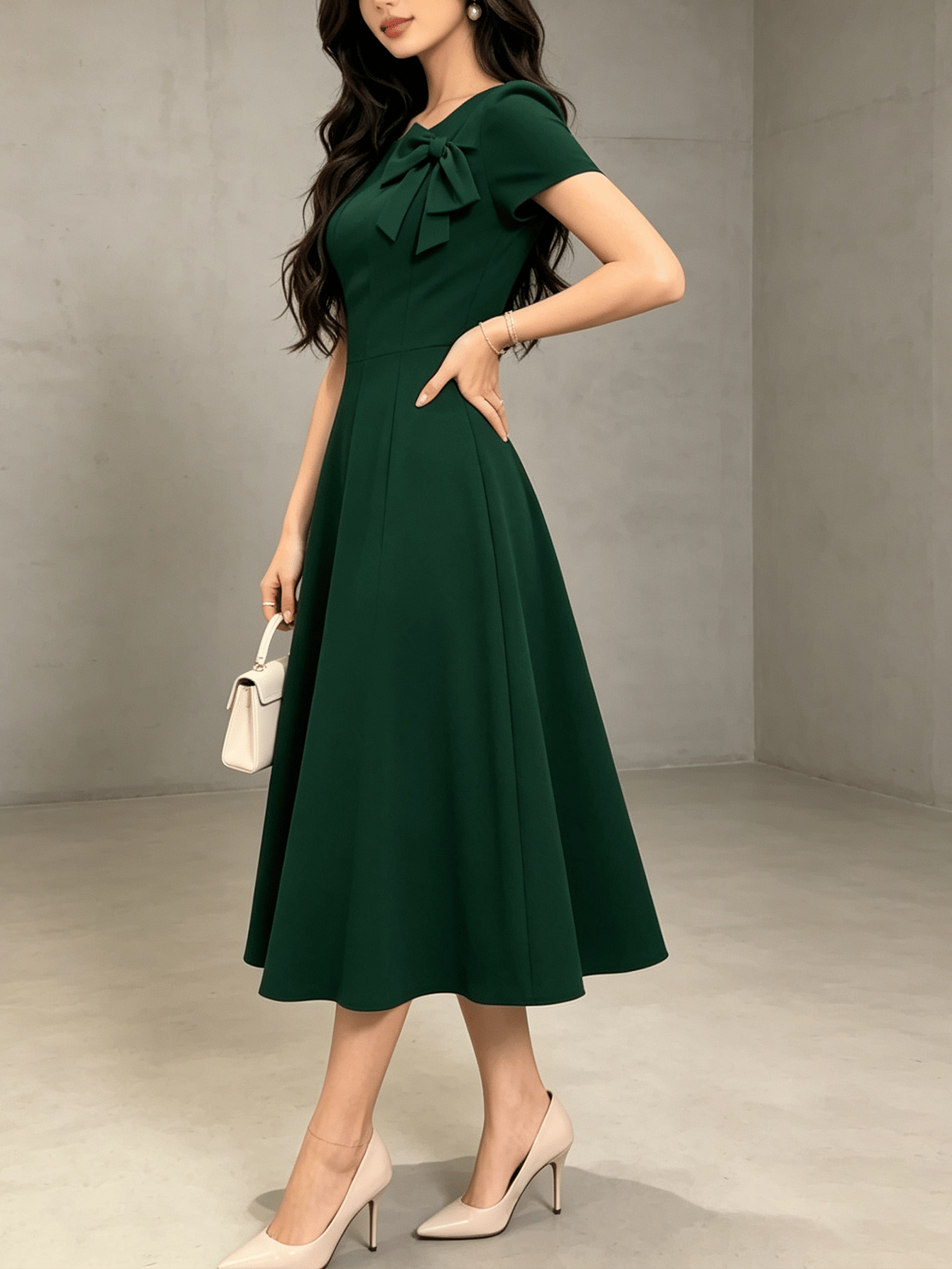 Green A-Line Midi Dress with Bow Detail