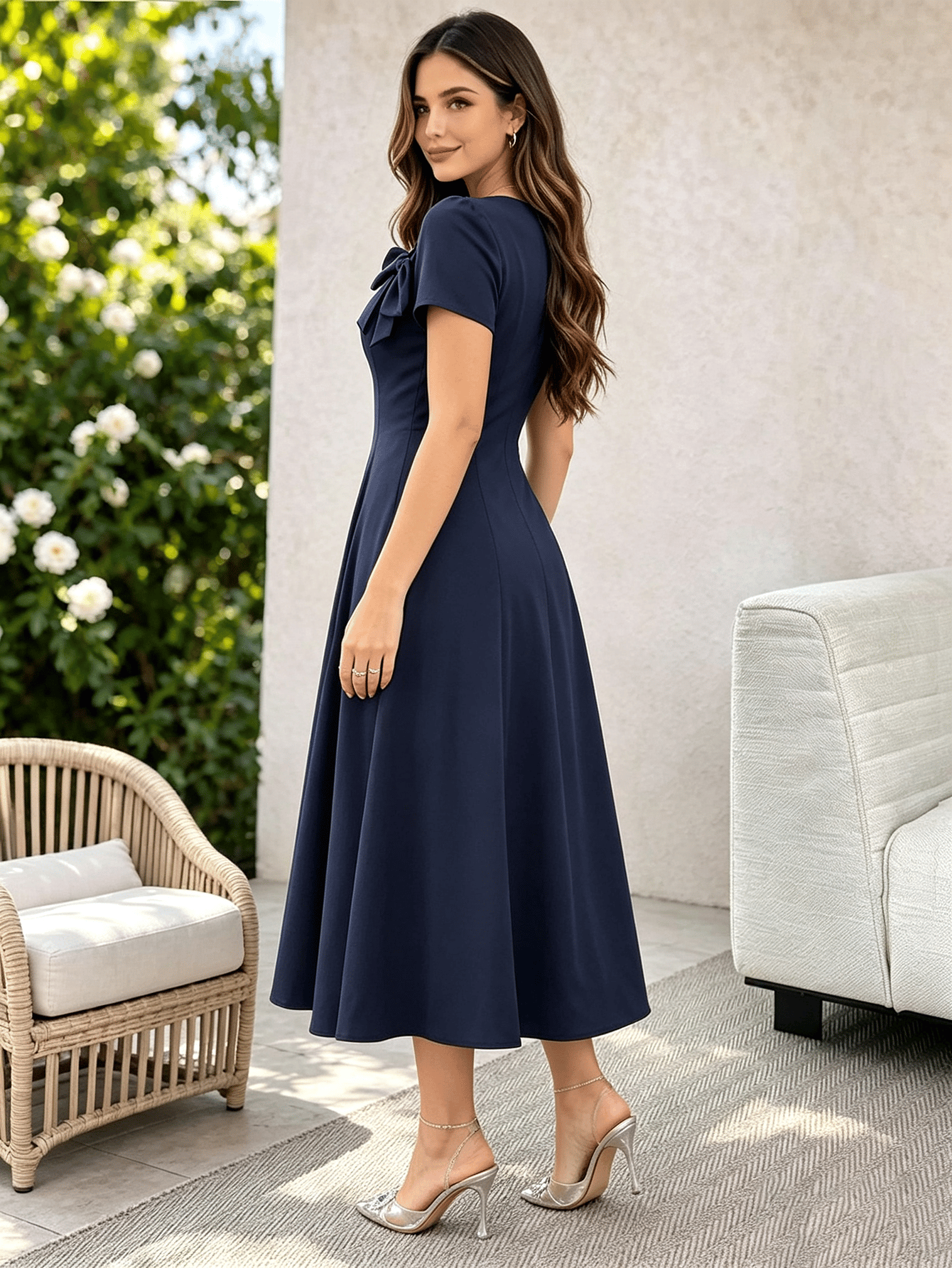 Navy Midi Dress with Bow Detail