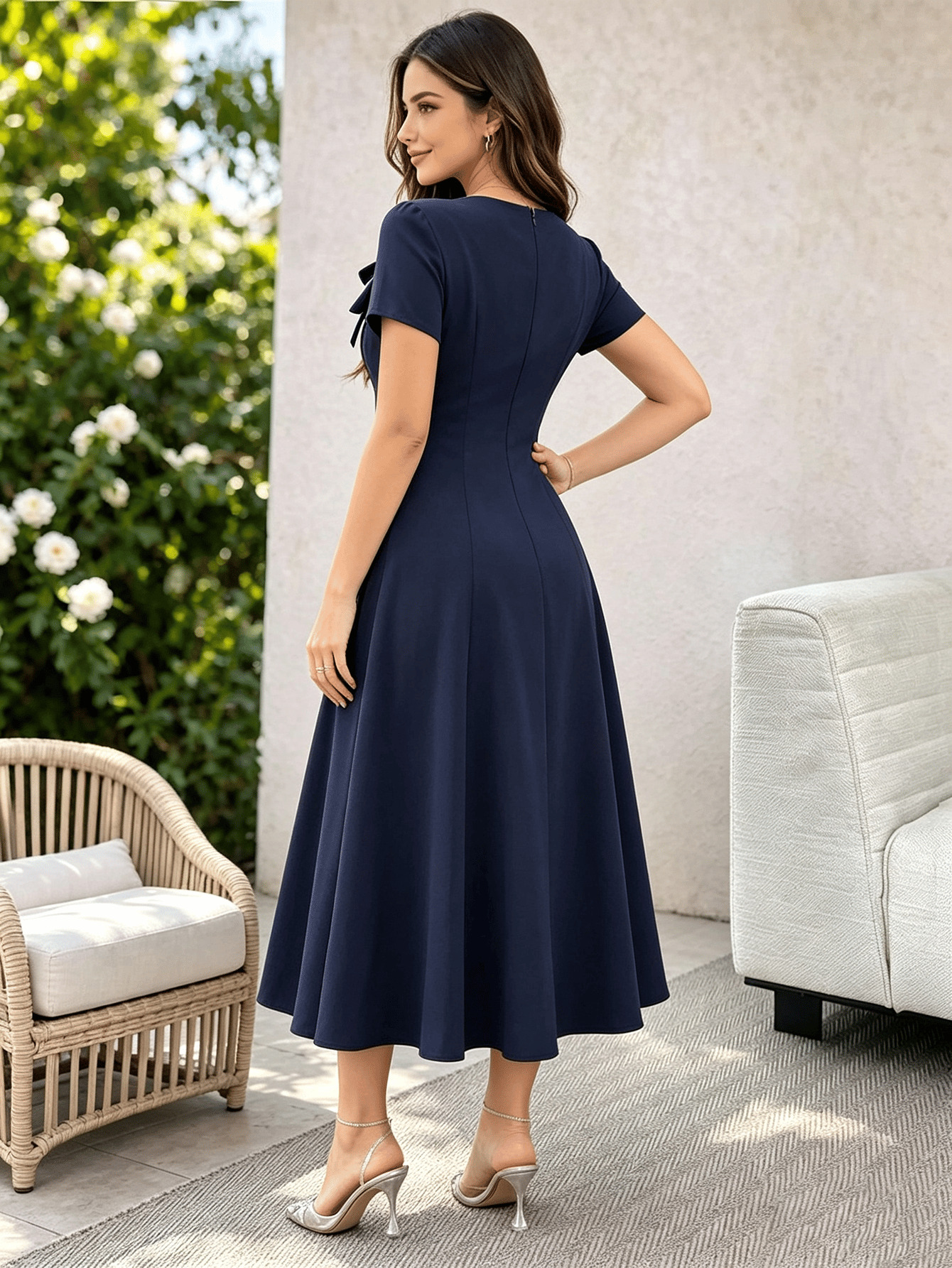 Navy Midi Dress with Bow Detail