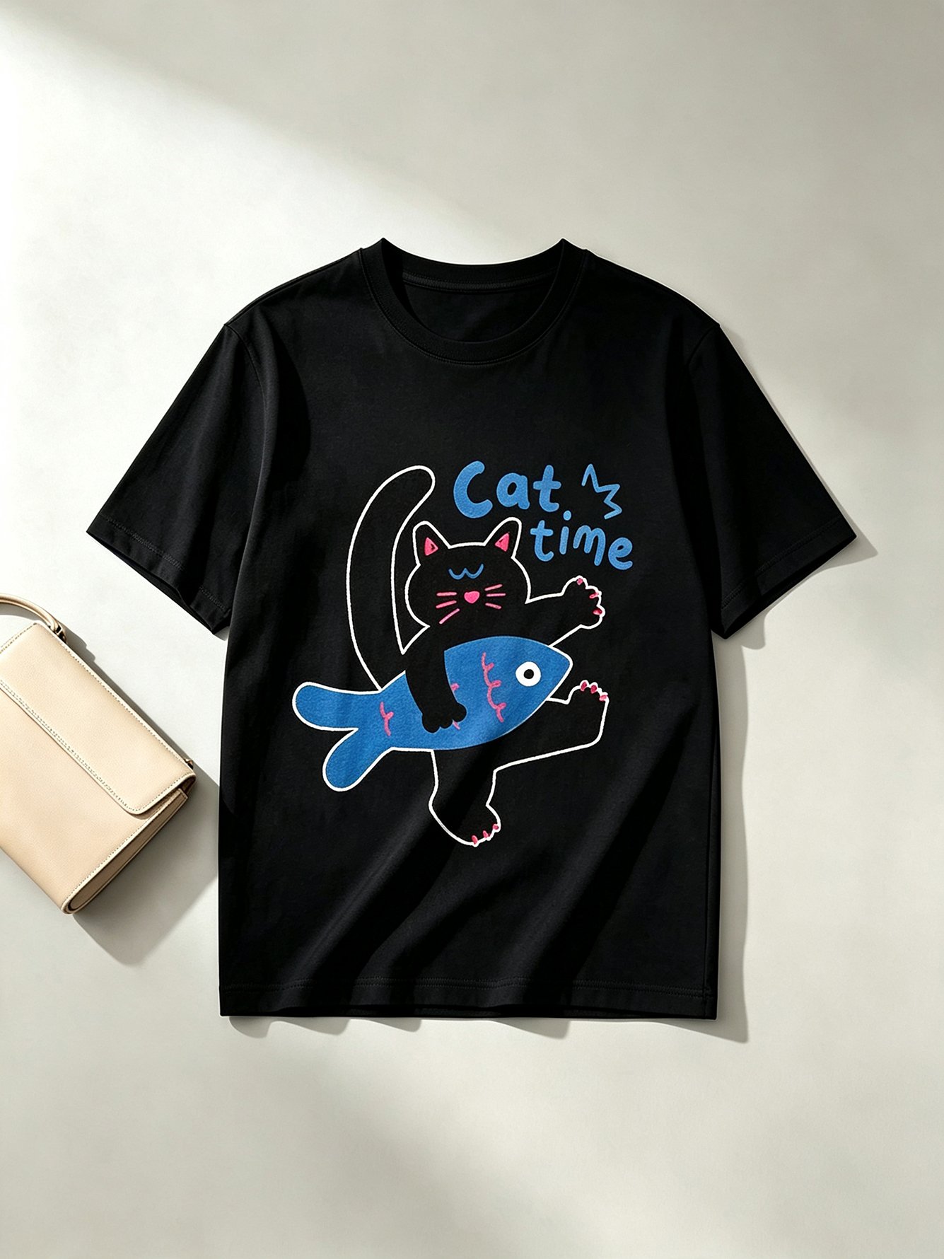 Black Cat and Fish Print Regular Fit T-Shirt