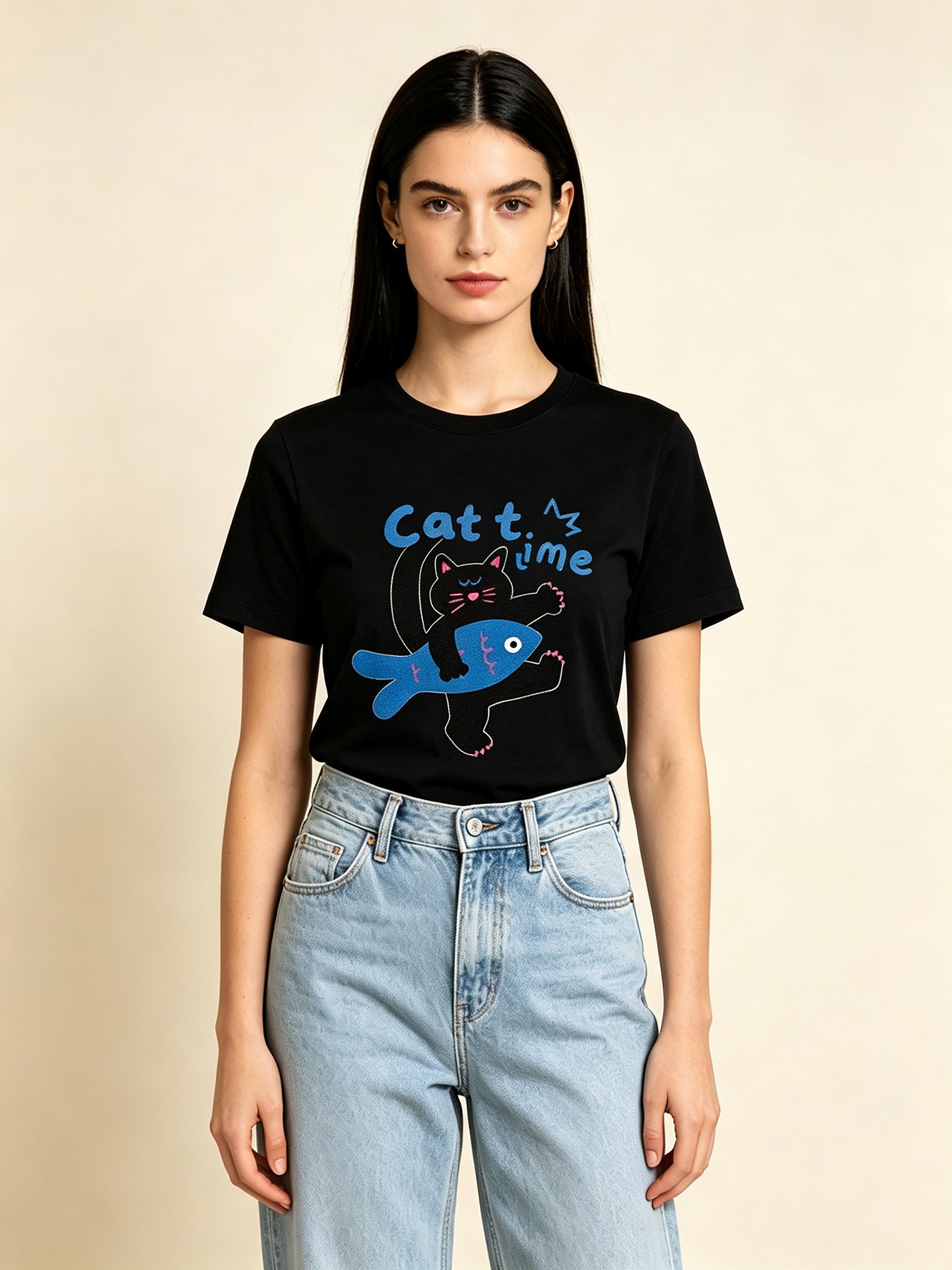 Black Cat and Fish Print Regular Fit T-Shirt