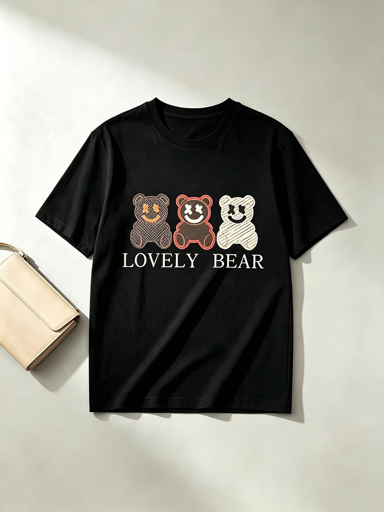 Black Printed Cotton Regular Fit T-Shirt with Bear Design