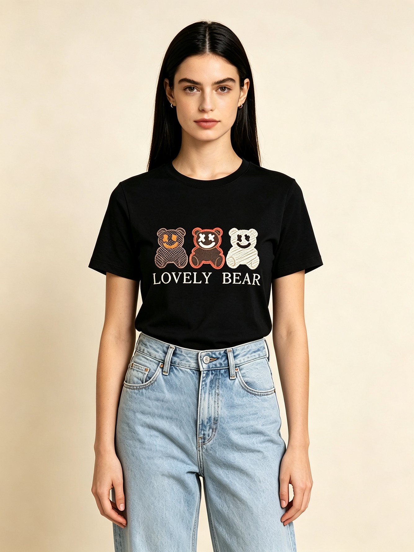 Black Printed Cotton Regular Fit T-Shirt with Bear Design