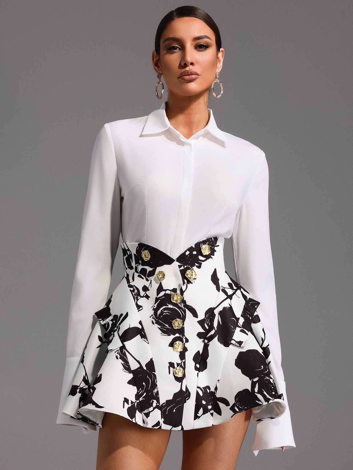 Floral Print Corset Waist Mini Skirt and Shirt Co-ord Set