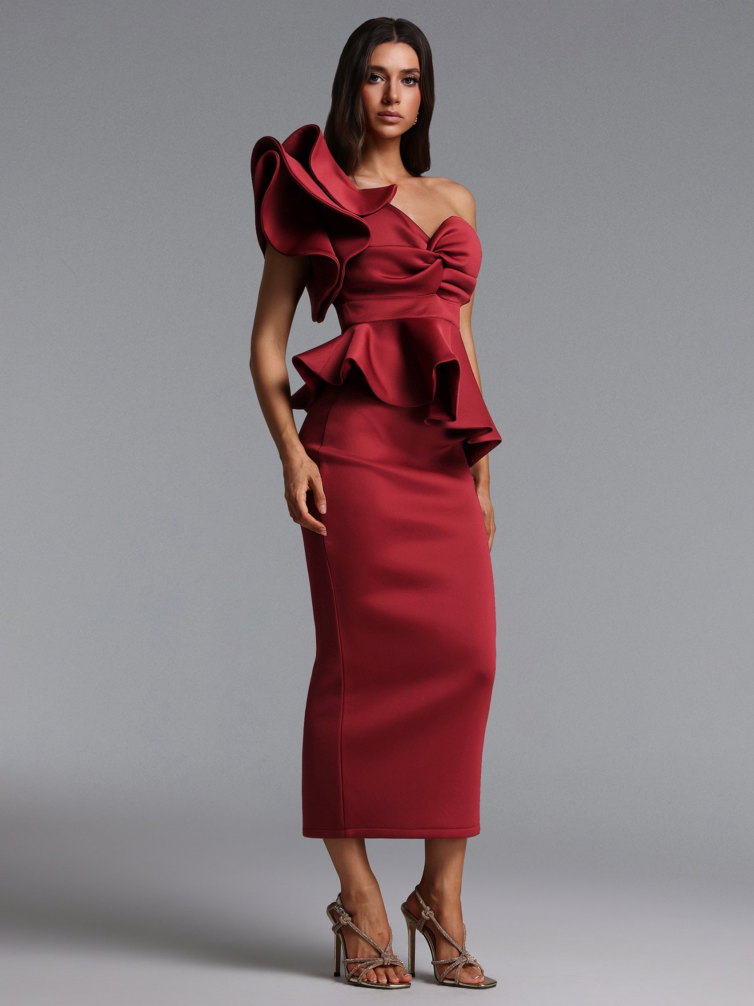 Red Ruffled Off Shoulder Neck Top and Midi Skirt Co-ord Set
