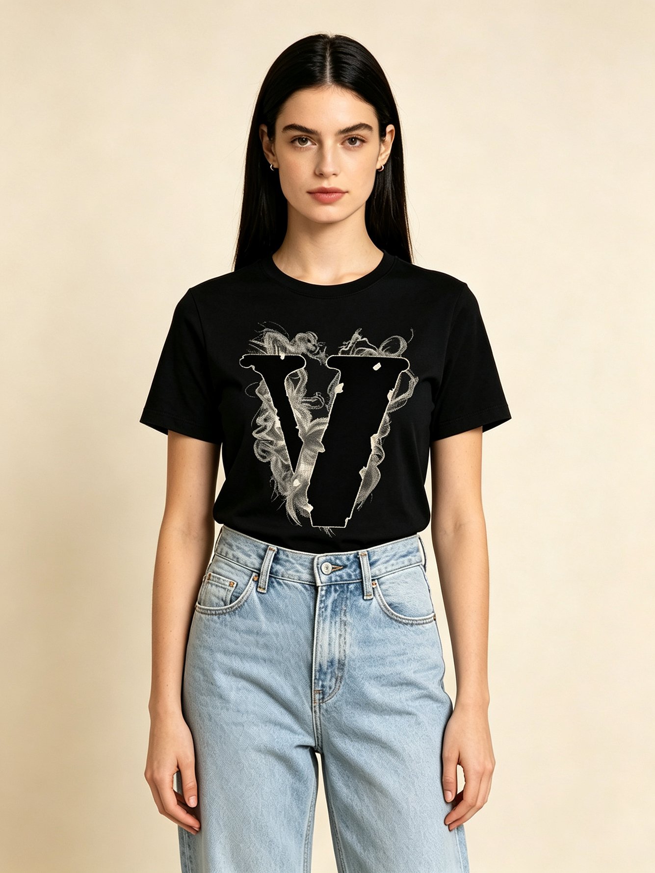 Black V Graphic Print Round Neck T-Shirt
