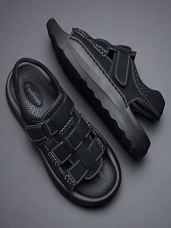 Black Plain Velcro Sandals