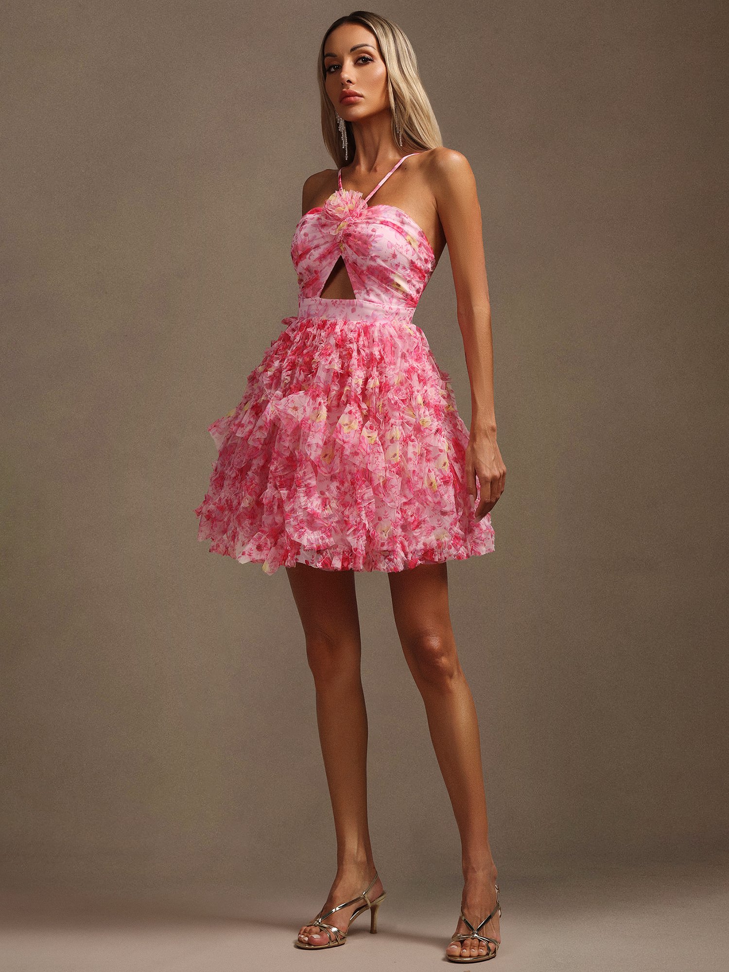 Pink Floral Ruffled Mini Dress