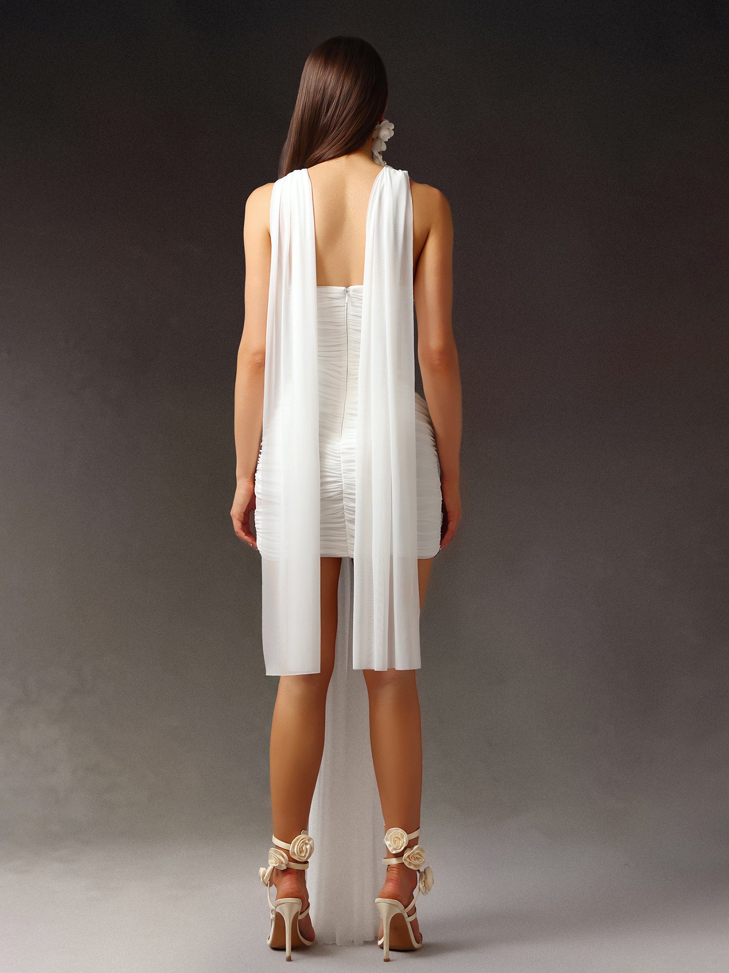 White Ruched Mini Dress with Floral Accents