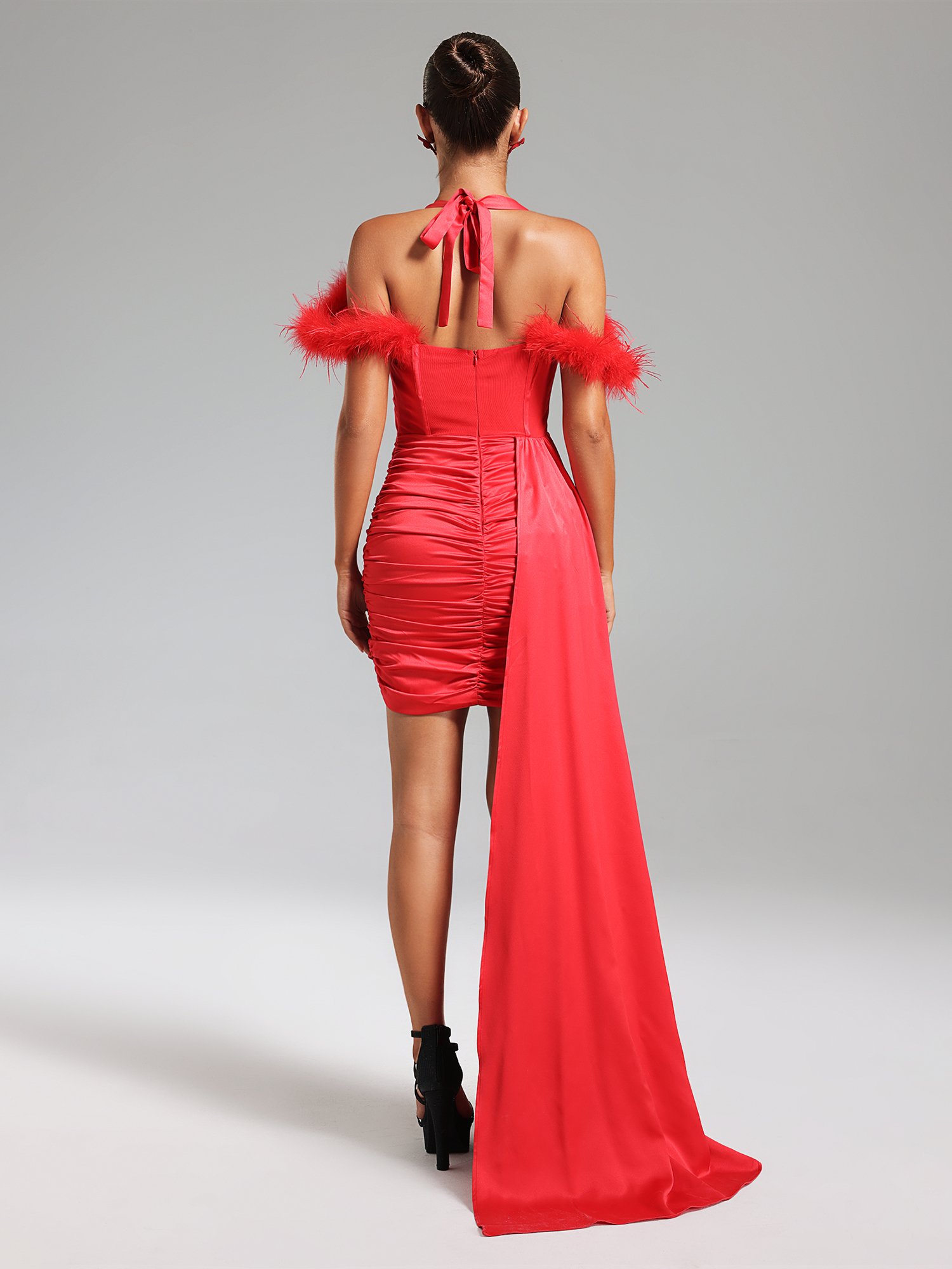 Red Faux Feather-Trim Halter Mini Dress