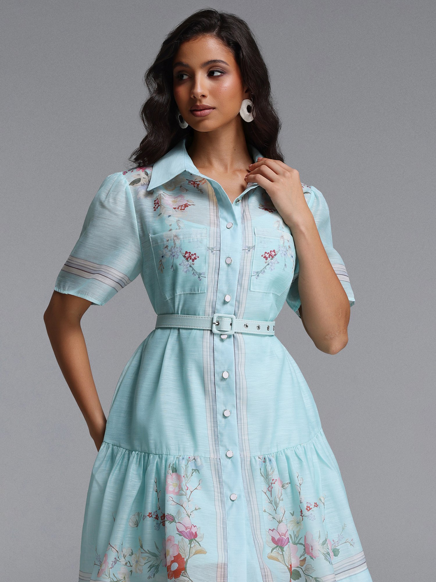 Floral Print Belted Mini Dress with Short Sleeve