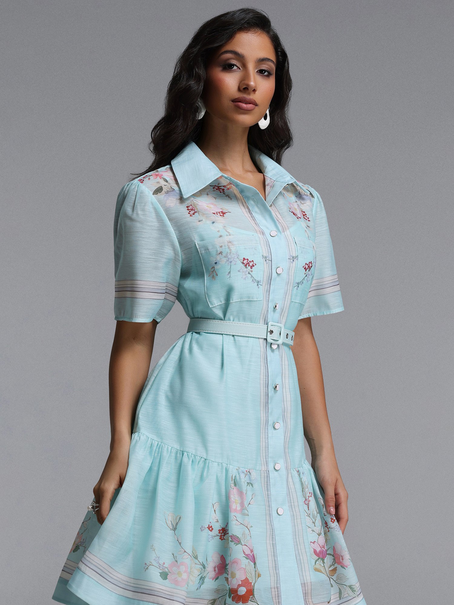 Floral Print Belted Mini Dress with Short Sleeve