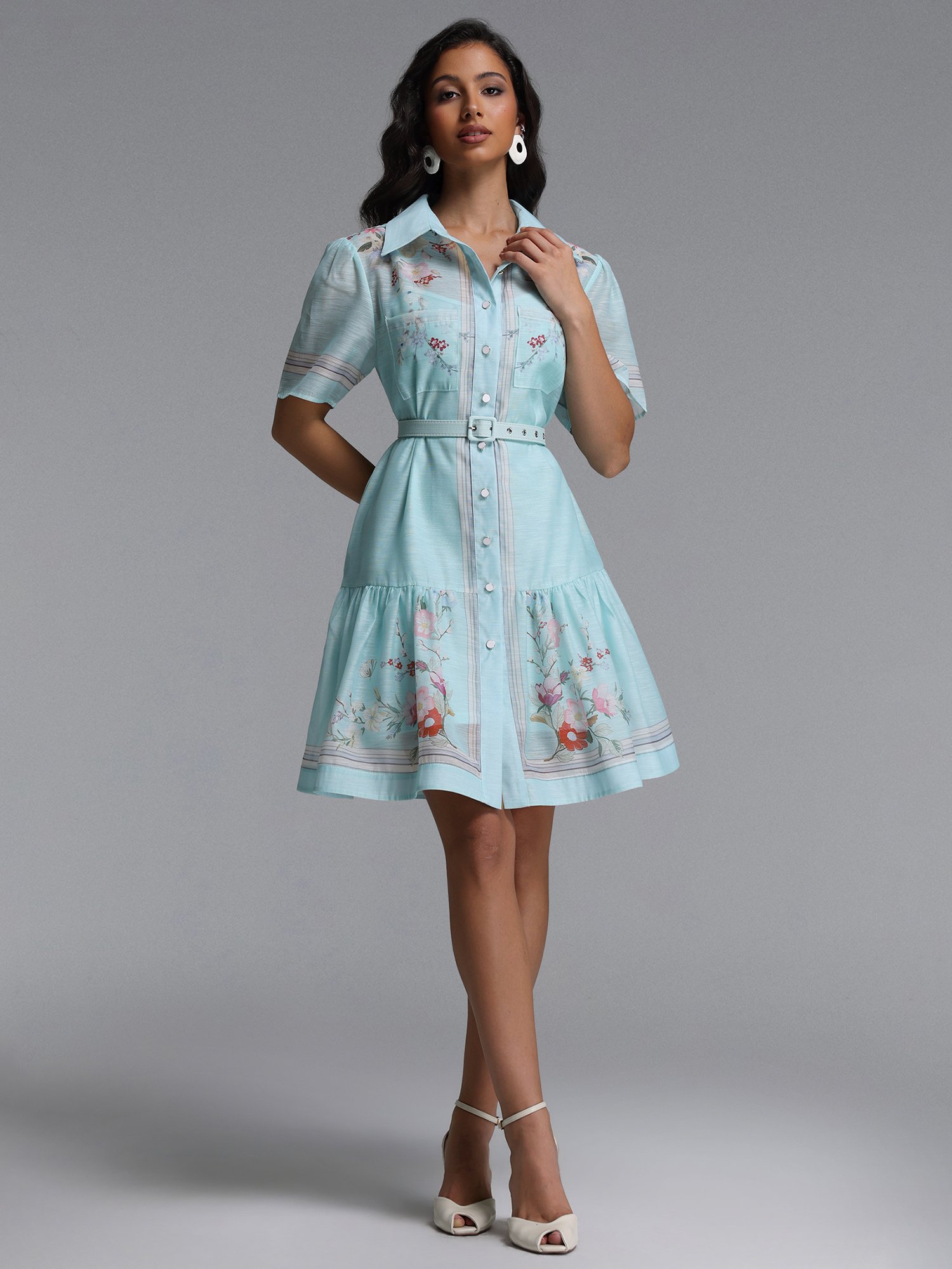 Floral Print Belted Mini Dress with Short Sleeve