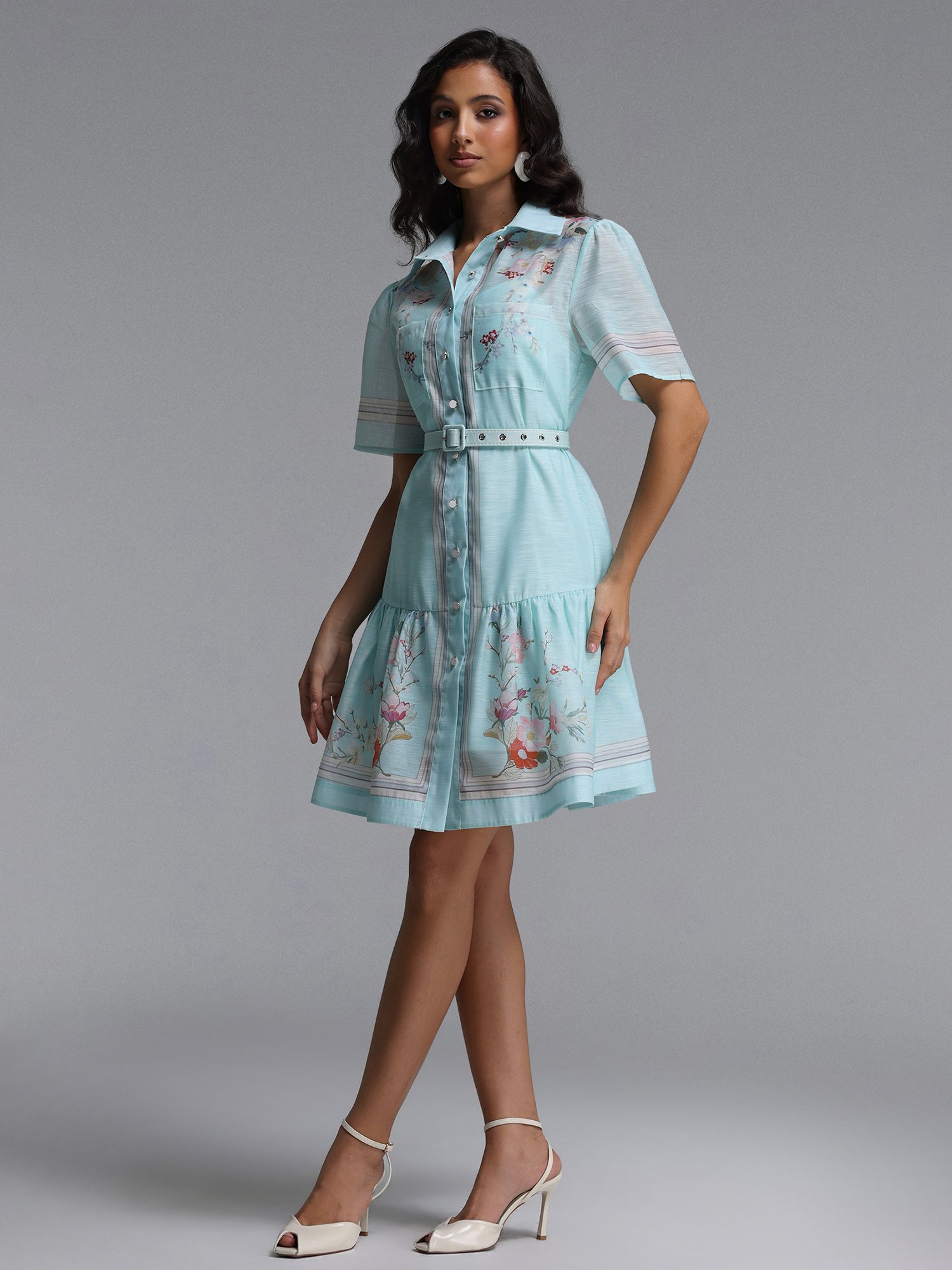 Floral Print Belted Mini Dress with Short Sleeve