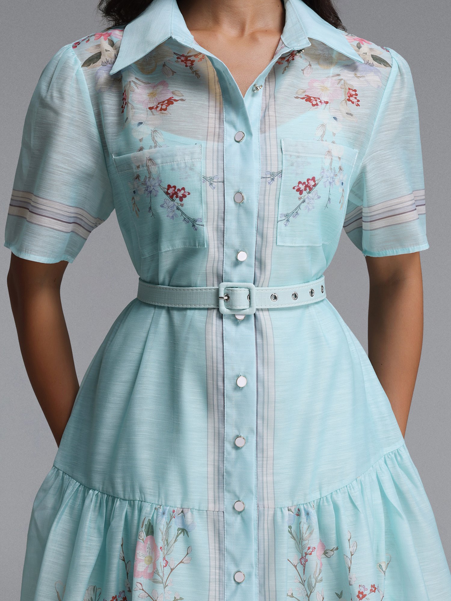 Floral Print Belted Mini Dress with Short Sleeve