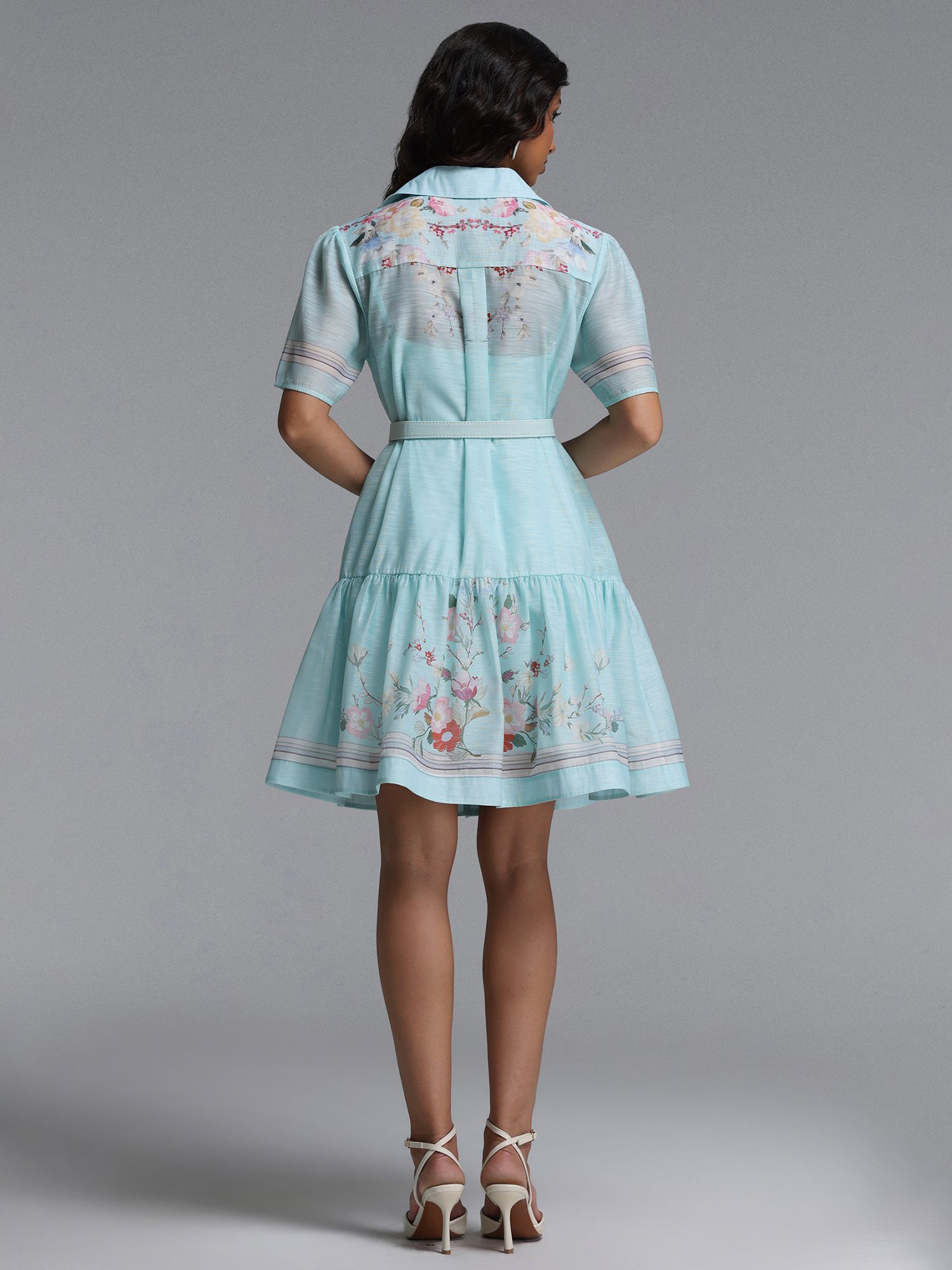 Floral Print Belted Mini Dress with Short Sleeve