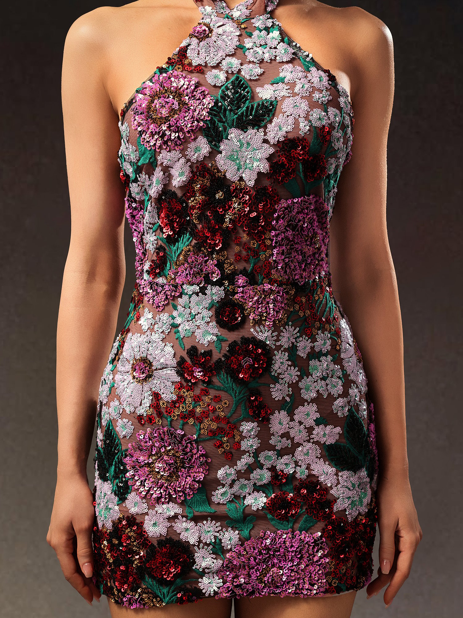 Purple Floral Sequin Halter Mini Dress