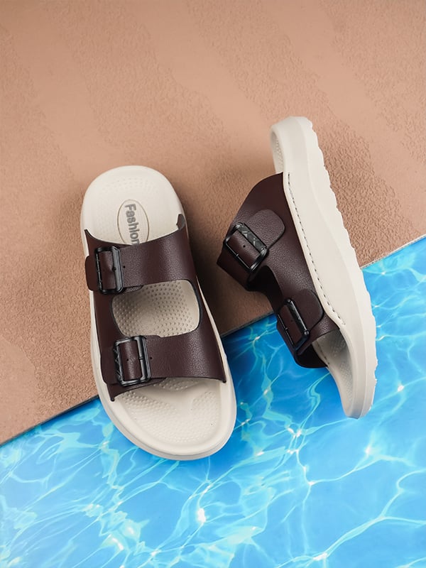 Coffee Brown Plain Slip On Sandals