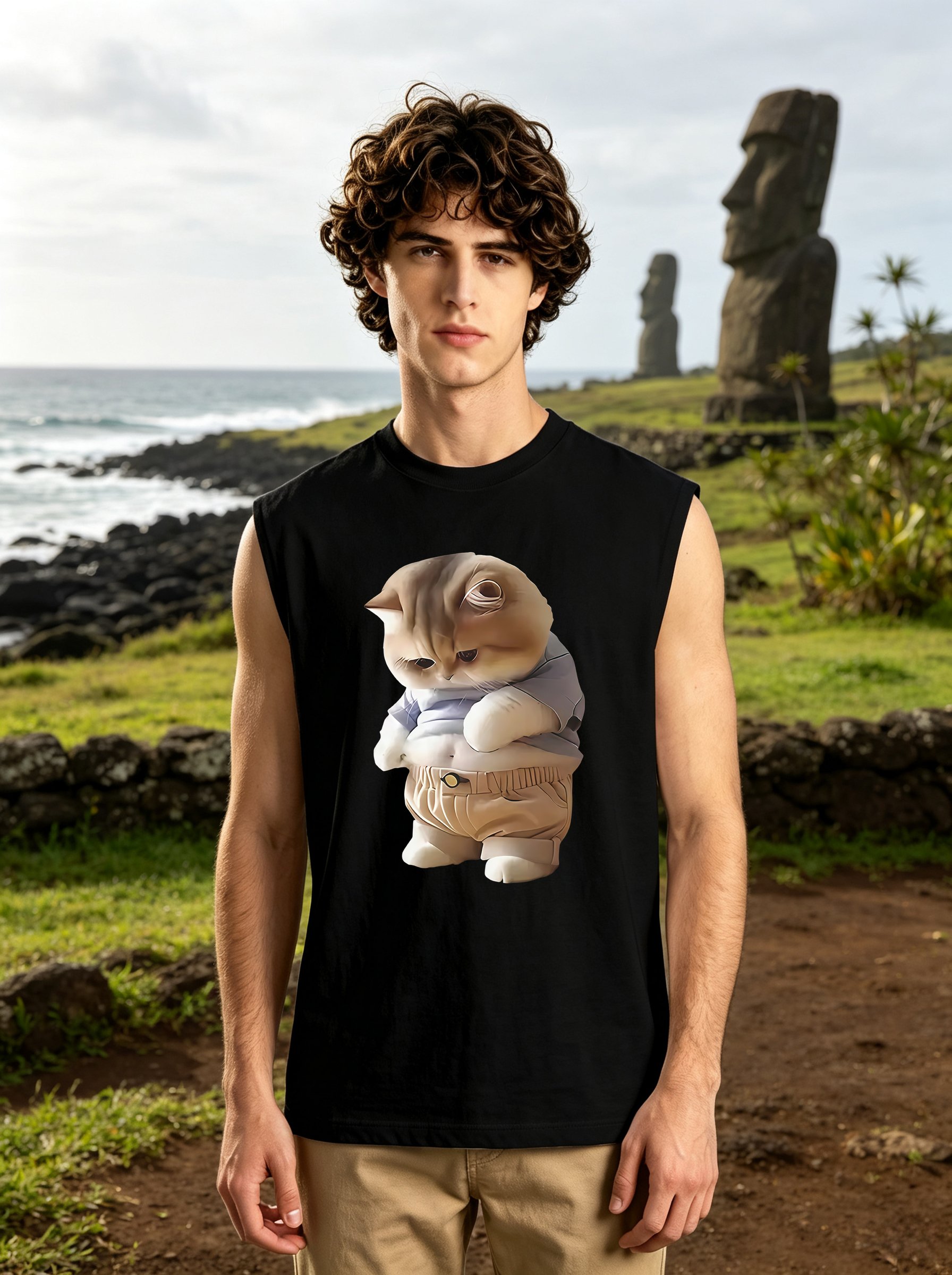Black Sleeveless T-Shirt with Cute Cat Print