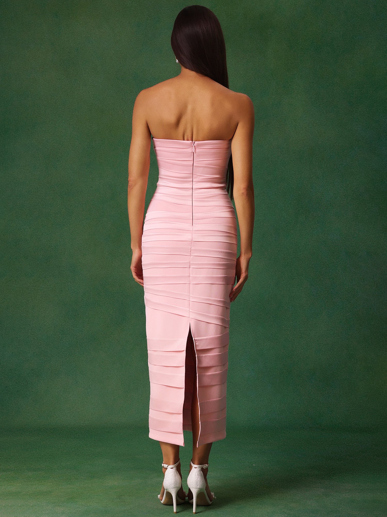 Pink Strapless Ruched Midi Dress with Bow Detail