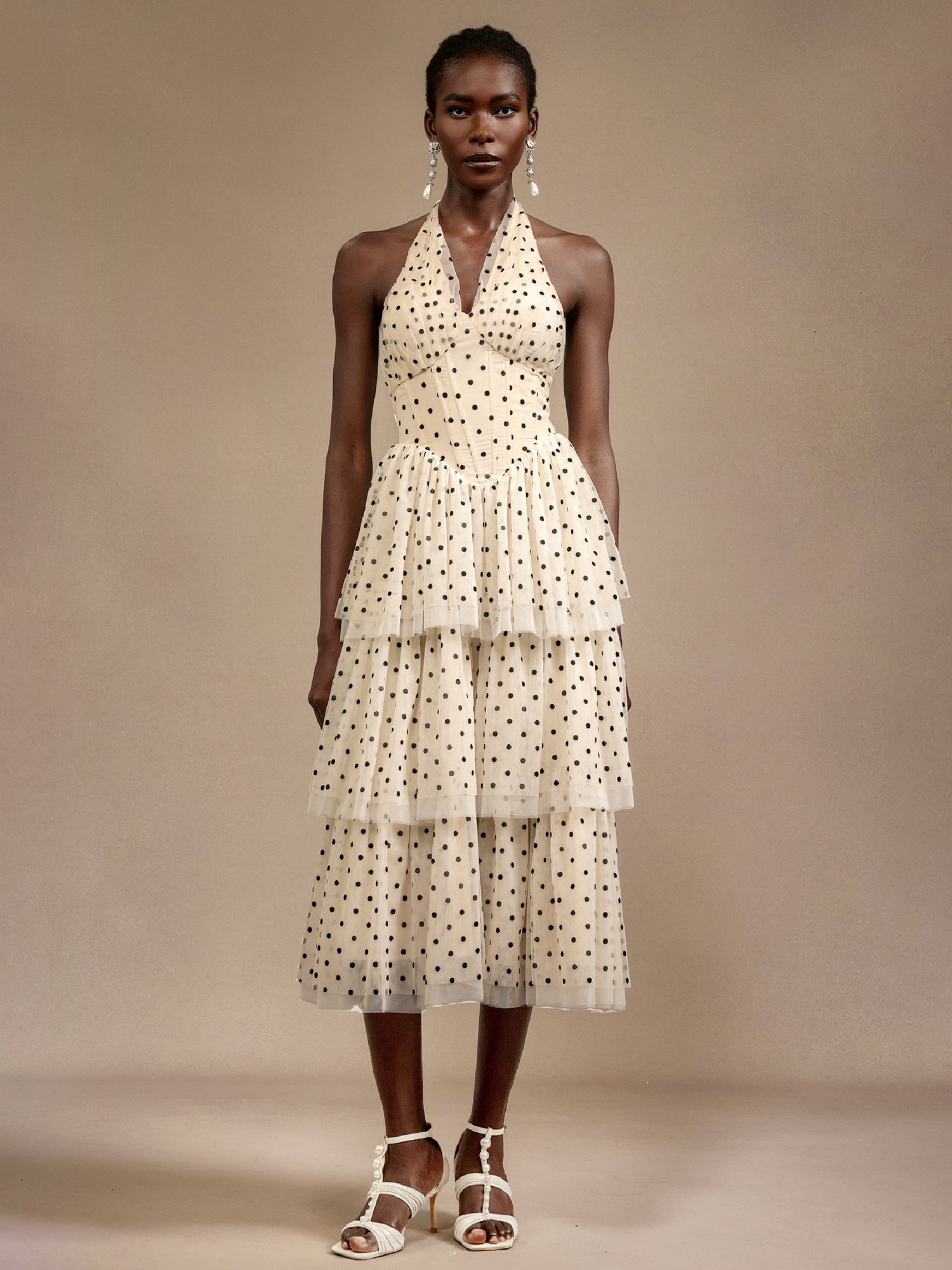 Beige Polka Dot Tiered Midi Dress For Default Category at Saudi