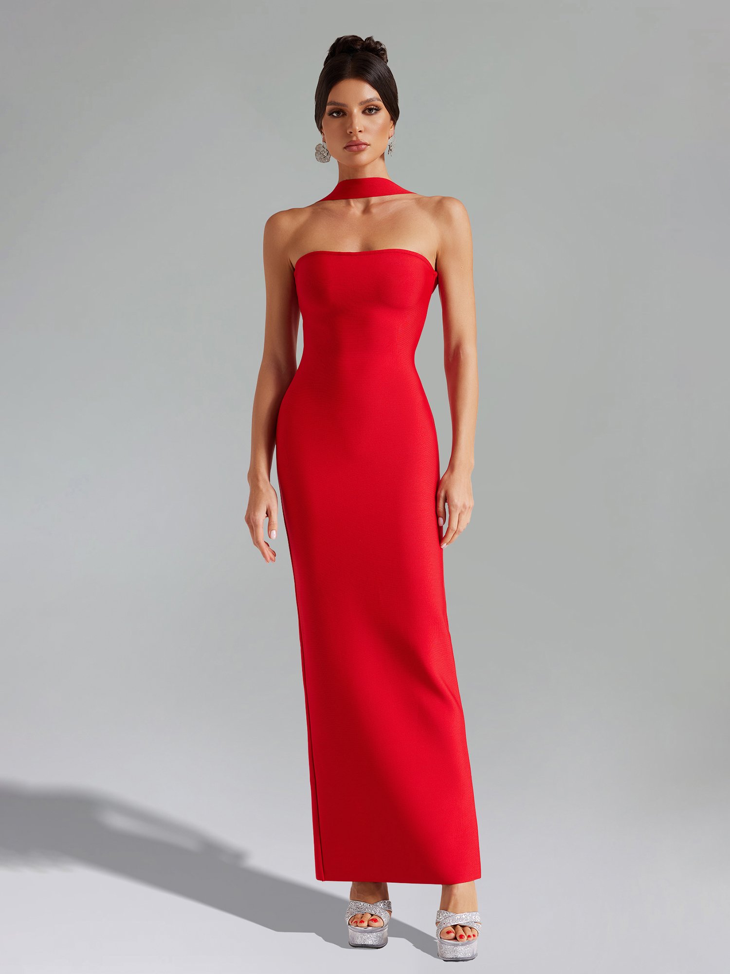 Red Halter Neck Strapless Maxi Dress
