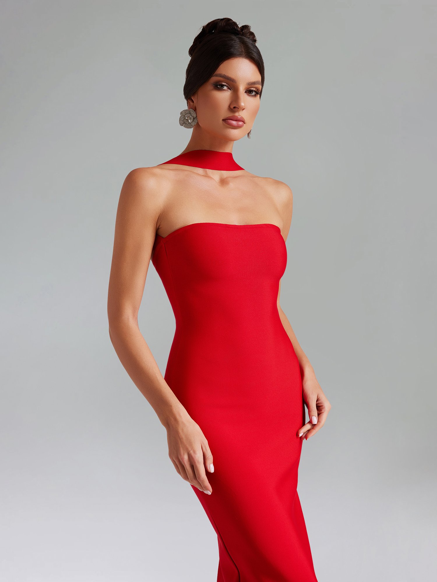 Red Halter Neck Strapless Maxi Dress